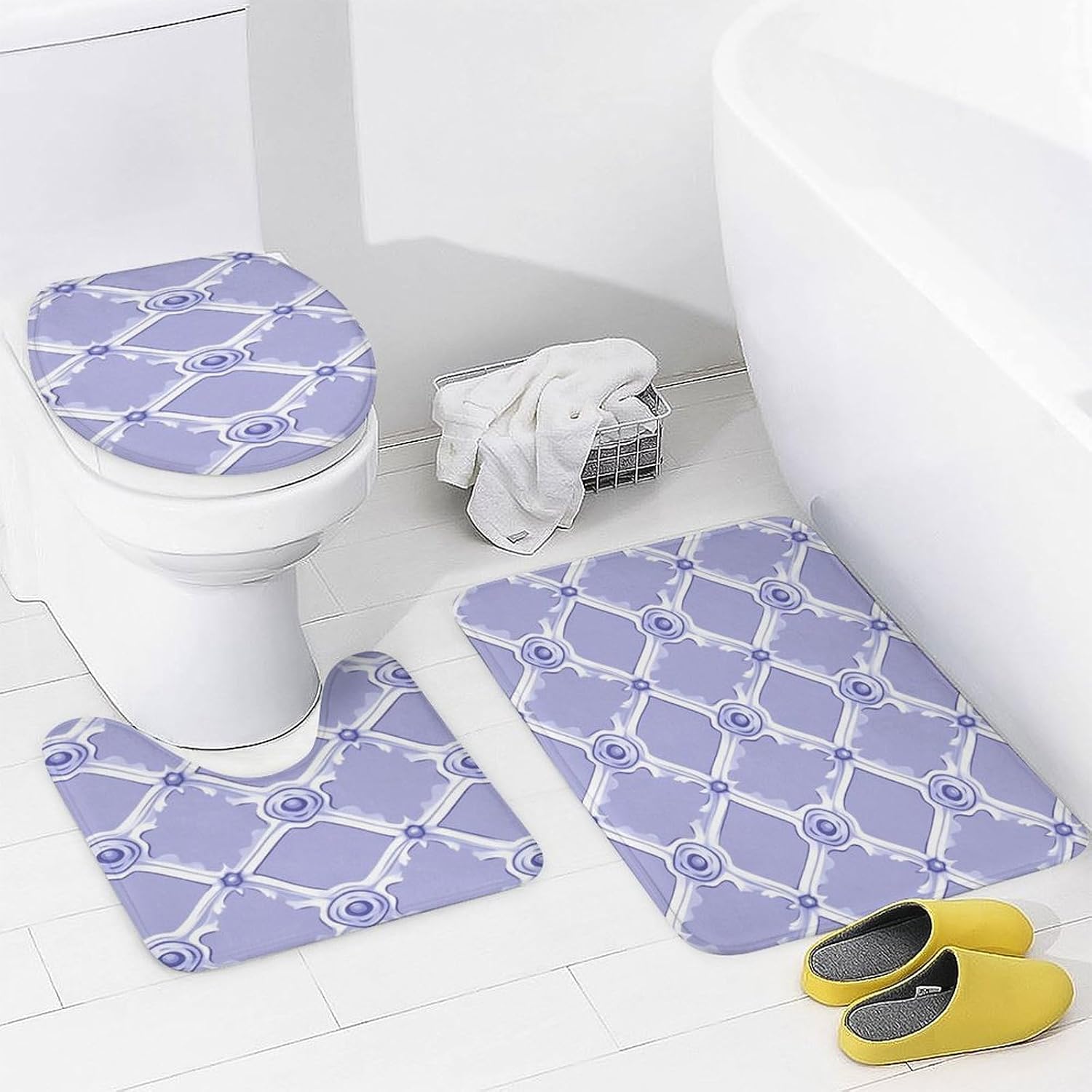 Bathroom Mat Set, Geometric Pattern Printed on Bathroom Accessories Sets Complete, Perfect for Bathroom Hotel Dorm Spa Home, 72 x 72 inches