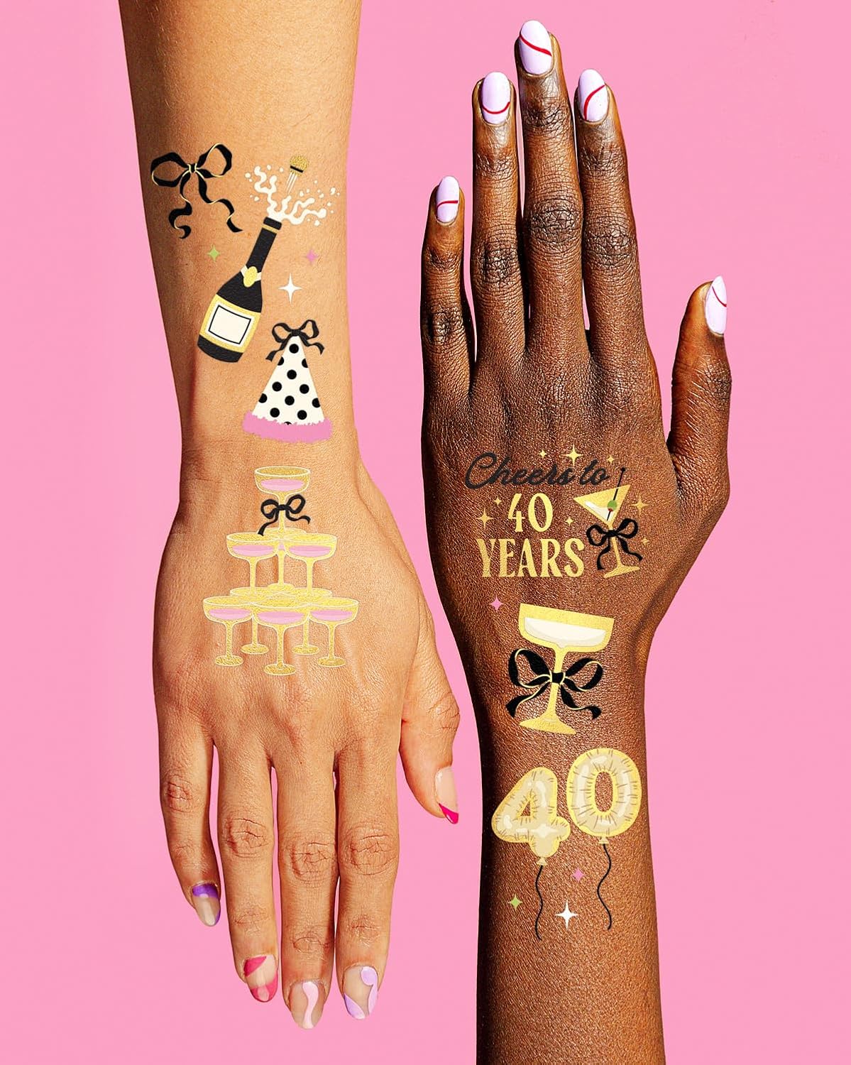 xo, Fetti 40th Birthday Temporary Tattoos - 46 designs, 2 sheets | Gold Foil, Milestone Party Favors, Forty Celebration Decor, Photo Booth Props, Glam Accessory, Adult Birthday