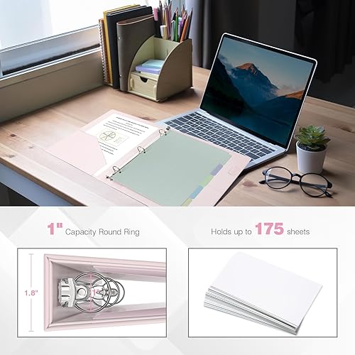 Vista 2 de Ospelelf Carpeta vintage de cuero de tapa dura de 3 anillos de 1 pulgada, organizador profesional adecuado para documentos de tamaño carta, Rosado