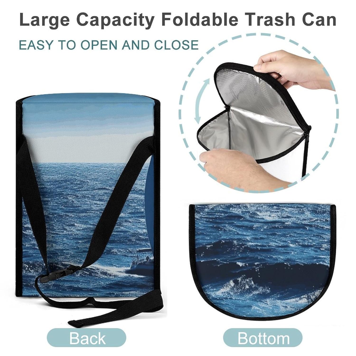 Hanging Car Trash Bag Blue Sea Sailboat Printed Car Garbage Storage Bag Leakproof Car Trash Can Portable Garbage Storage Bags