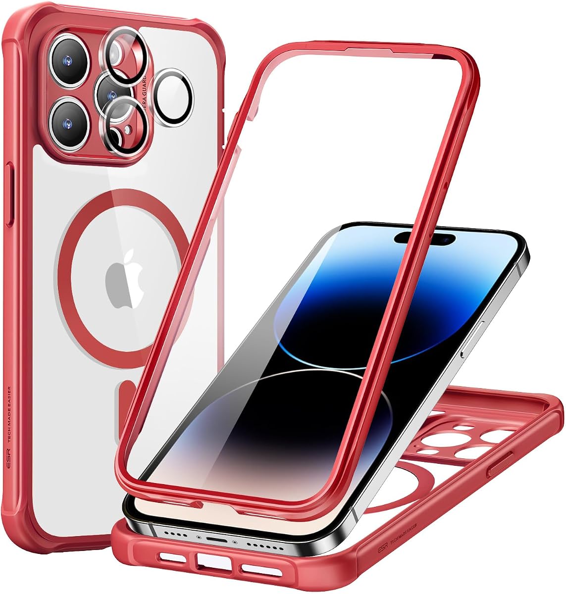 Funda ESR para iPhone 15 Pro con protector de pantalla, rojo transparente | Compatible con MagSafe, con protector de lente de cámara, protección contra caídas de grado militar, resistente a arañazos, funda magnética para teléfono