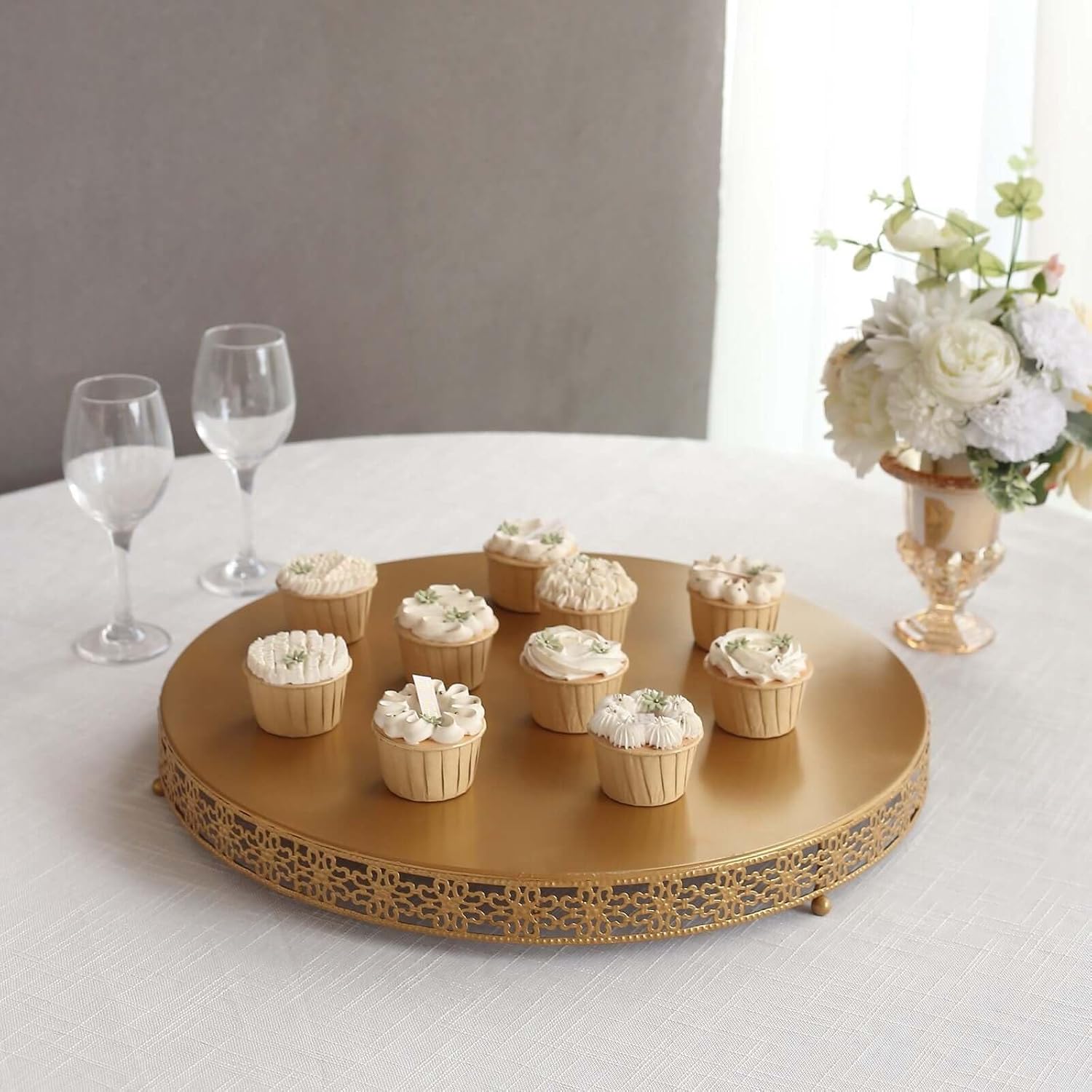 Efavormart Gold Metal Fleur De Lis Round Pedestal Cake Stands, Cupcake Dessert Display Stand Table Centerpiece - 20"