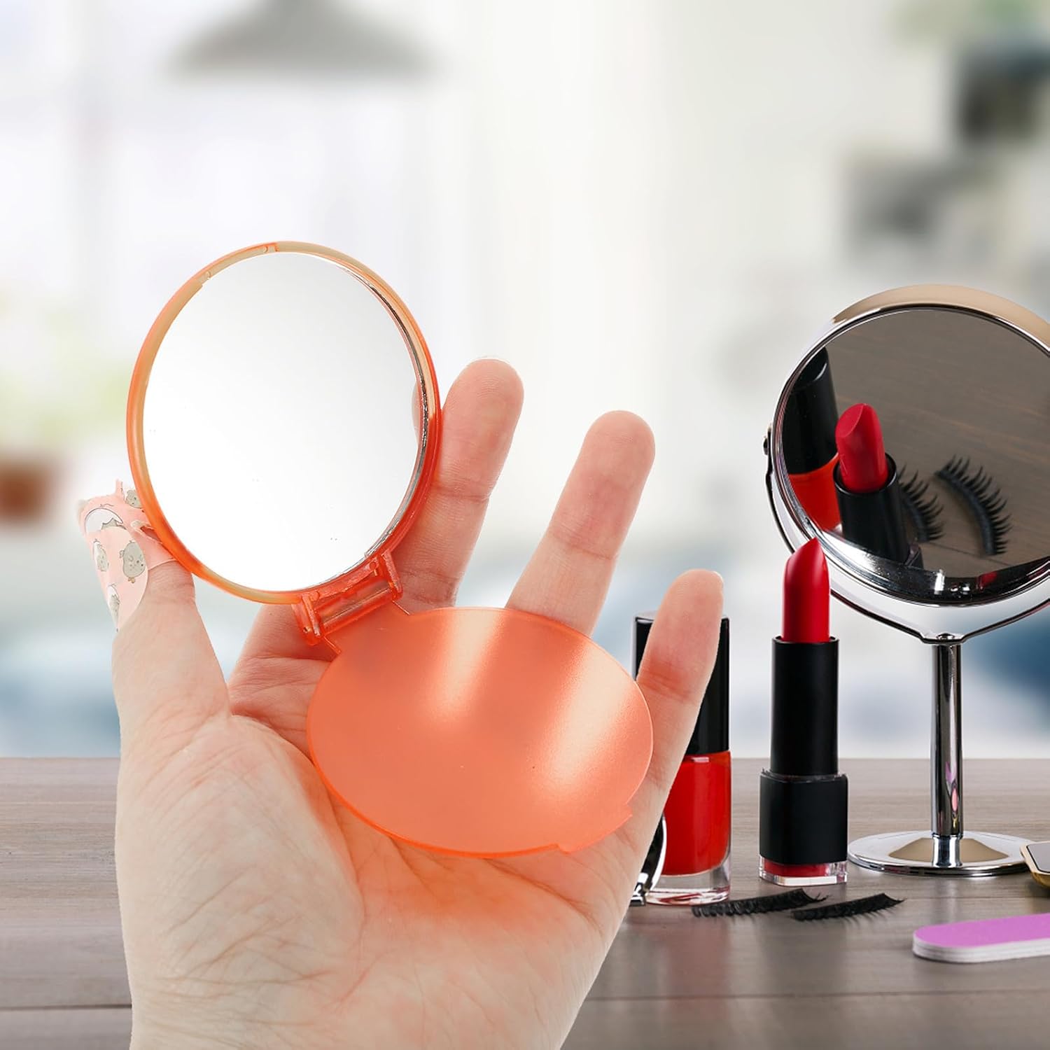 Mini Folding Round Makeup Mirrors 24pcs Portable Pocket Mirrors Plastic Material Random Color for Women and Daily Use