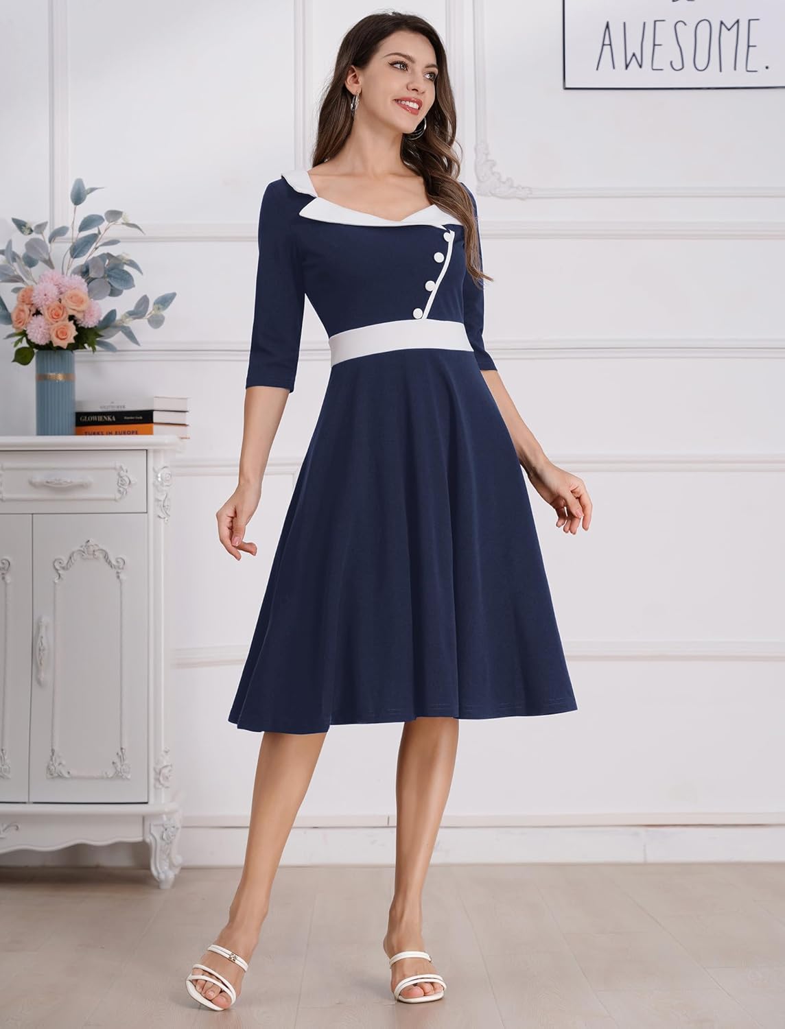 ODIZLI 1950s Dresses for Women Retro Dress 3/4 Sleeve Sweetheart Neckline Swing Midi Dress Cocktail Dress - Image 4