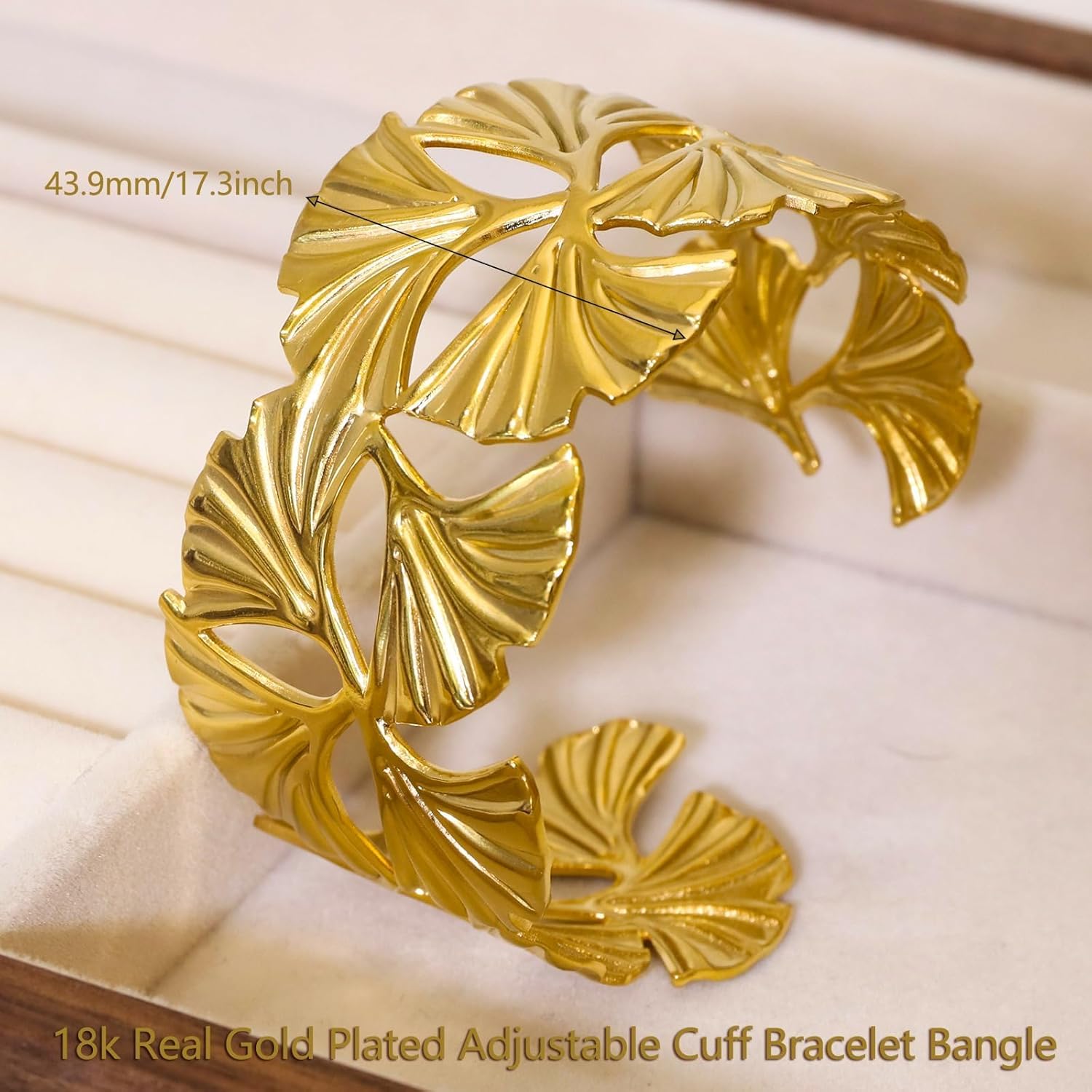 18k Gold Plated Adjustable Cuff Bracelets Personalized Open Wide Leaf Natural Stone Cuff Bangle Buckle Bracelet Jewelry Birthday Valentine's Day Gift for Women - Image 5