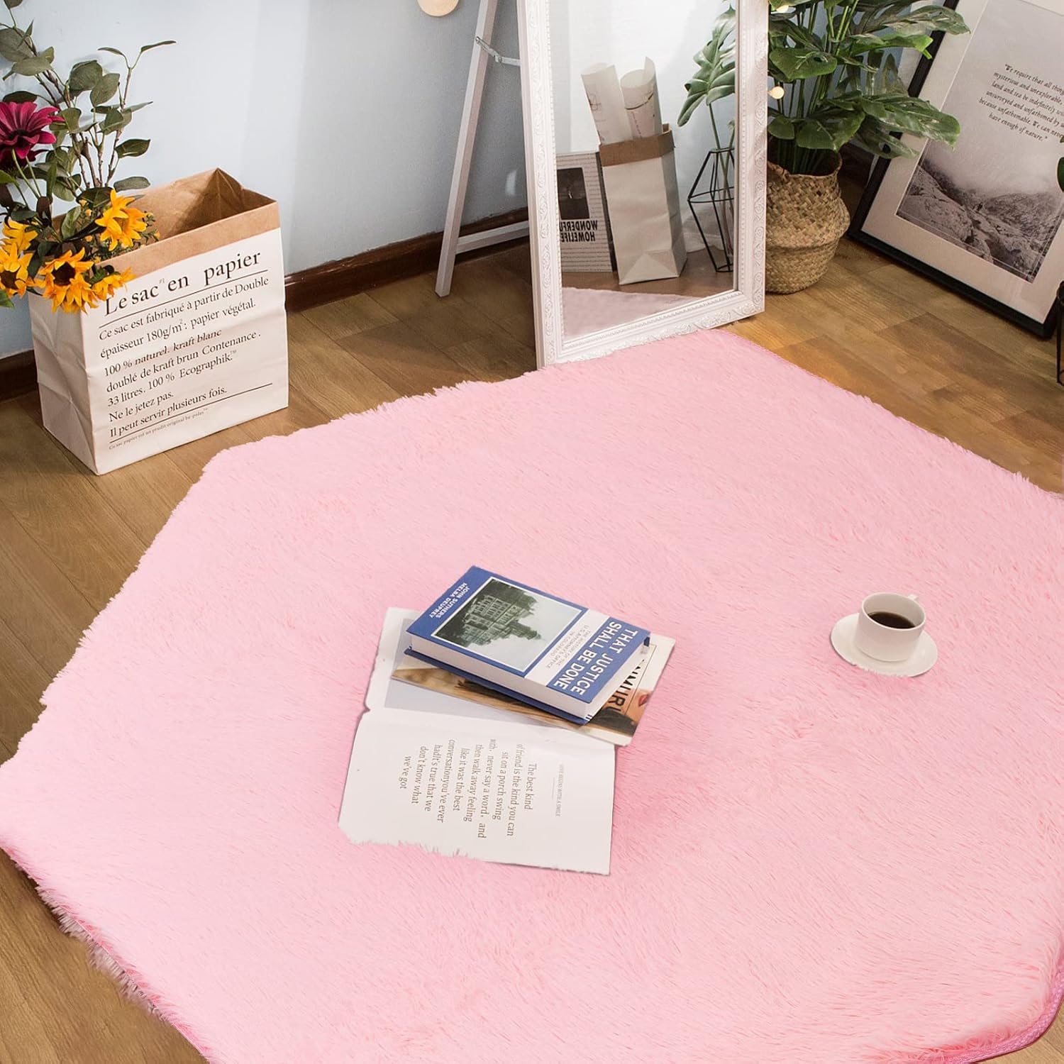 LOJETON Tent Hexagon Rug, Ultra Soft Carpet for Girls Princess Castle Play Tents Playhouse, Anti Slip Coral Mat for Room Carpet, Baby Nursery Mat, Decoration Pad (Pink)