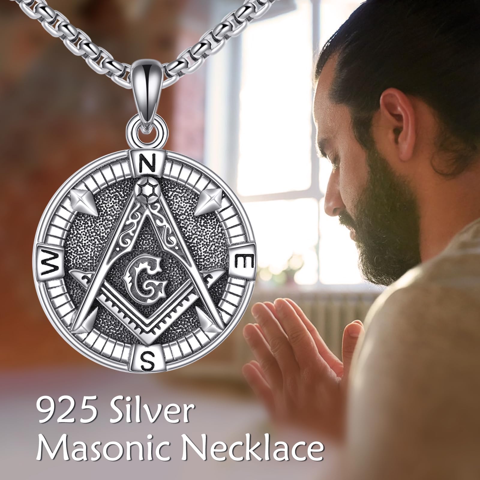 ONEFINITY Collar masónico de plata de ley 925 con colgante de brújula masónica, collar de masonería, símbolo de masón, joyería para hombre, talla única, Plata, No es una piedra preciosa