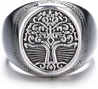 Stainless Steel Tree of Life Viking Signet Ring for Men and Women Silver Gold Tone Vintage World Tree Amulet Ring Round Unisex Viking Jewelry US Size 6-13