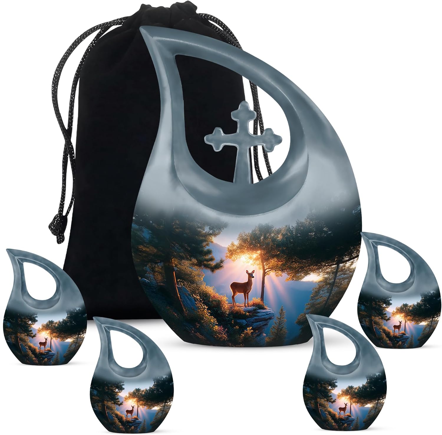 Deer Cremation Urns for Human Ashes Adult Female, Blue Funeral Urns for Adult Male & Female Set of 5 Drop - Flower Decorative Burial Urn - Memorial Urn for Ashes for Women - 10 & 3 Inch