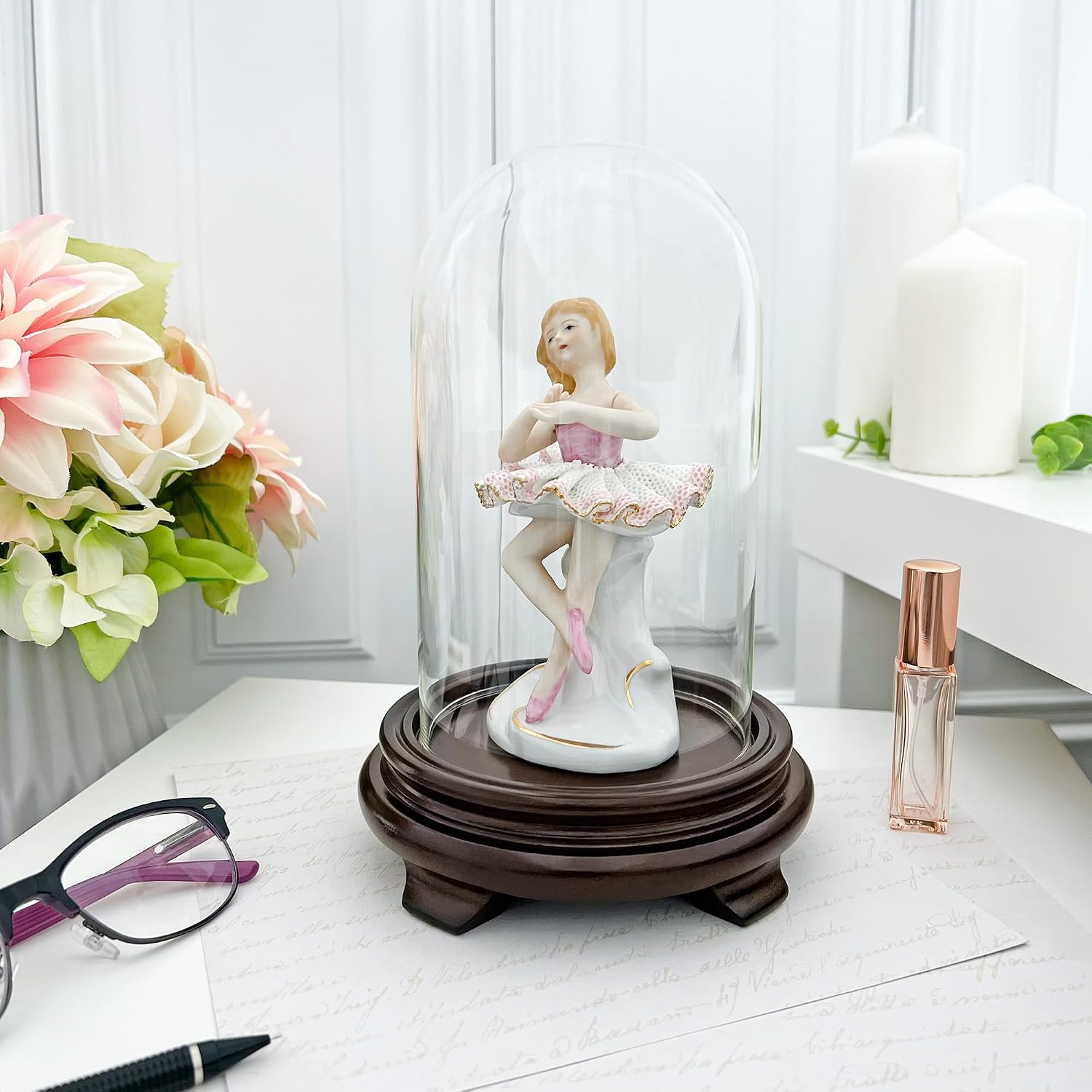 Plymor 4" x 7" Glass Display Dome Cloche (Walnut Wood Veneer Footed Base)