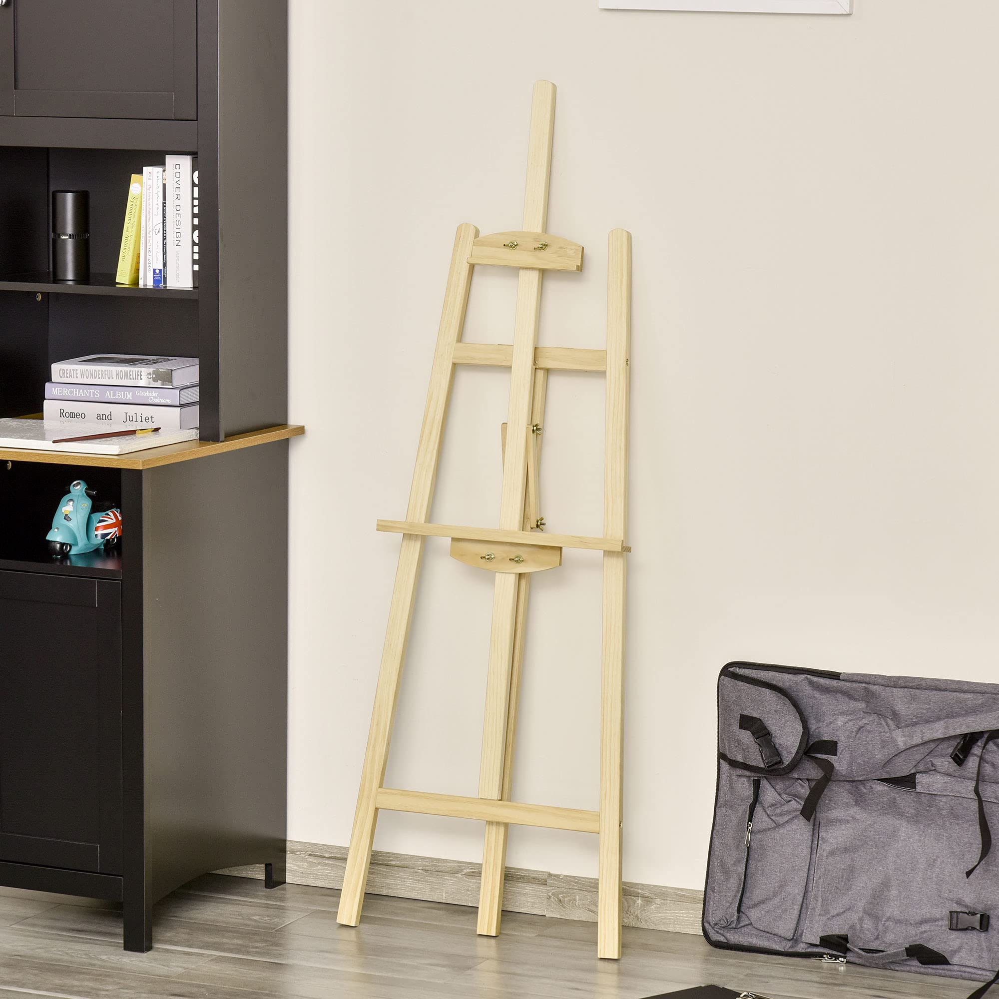 HOMCOM Caballete de Pintura de Madera Caballete de Dibujo con Ángulo Ajustable de 75° Soporte Trípode y Pincel para Lienzos 51,5x71,5x134,5 cm Natural