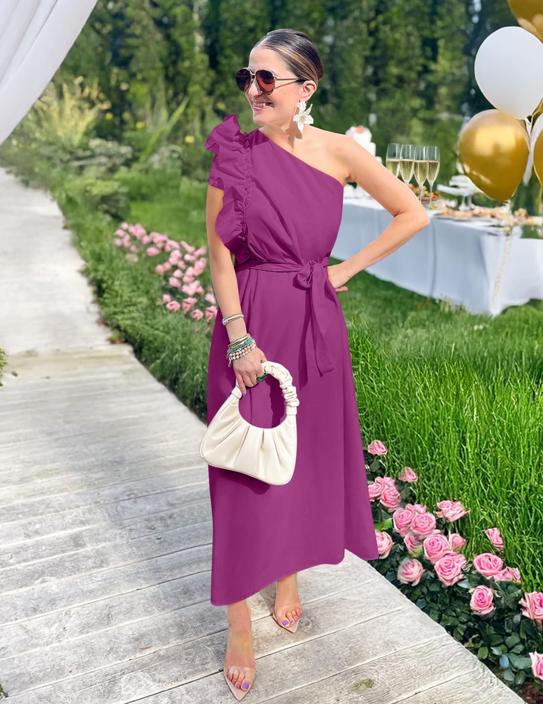 ZESICA Womens 2026 Summer One Shoulder Ruffle Maxi Dress Boho Sleeveless Empire Waist Tie Flowy Beach Party Long Dresses - Image 6