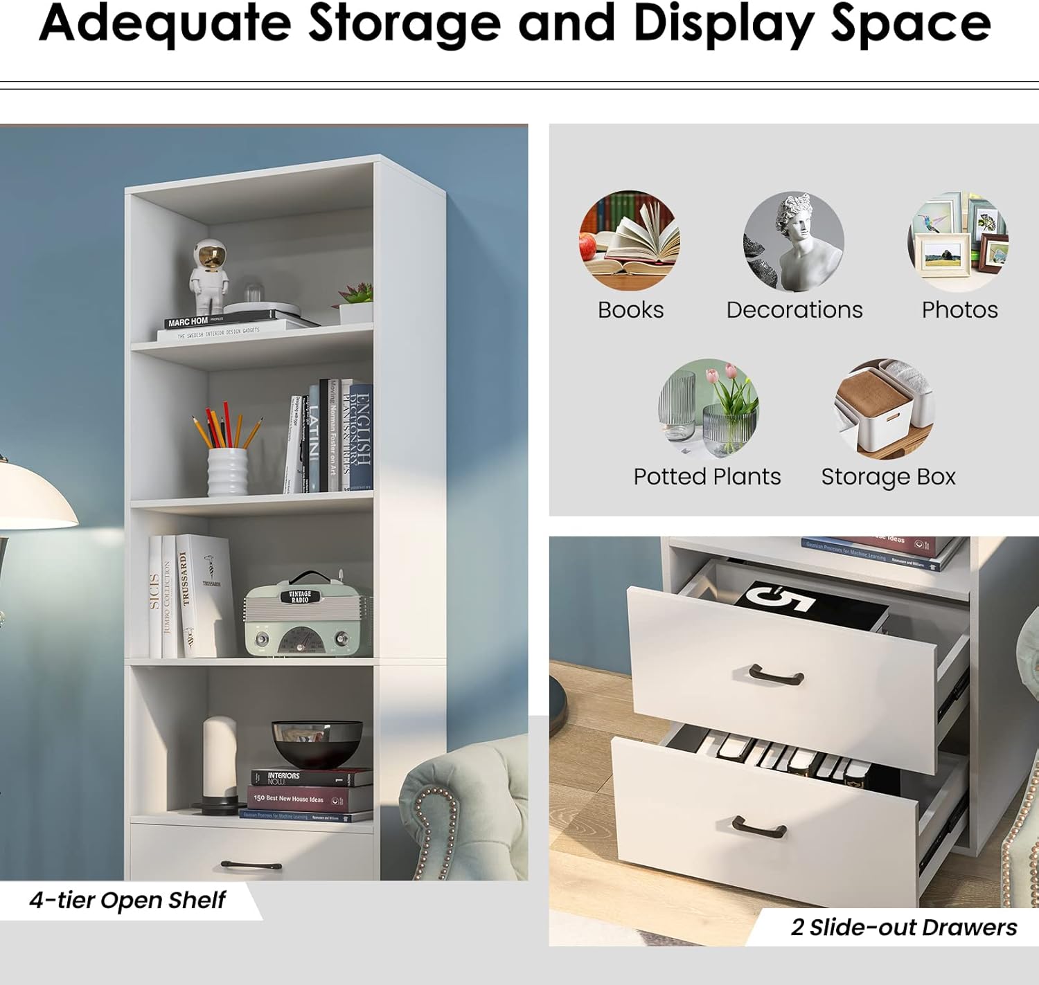 Tangkula 4 Shelf Bookcase with 2 Drawers, 74 Inch 4 Tiers Tall Open Bookshelf with 2 Slide-Out Drawers, Anti-toppling Device, Freestanding Wood Storage Shelf for Home Office (White, 74" H)