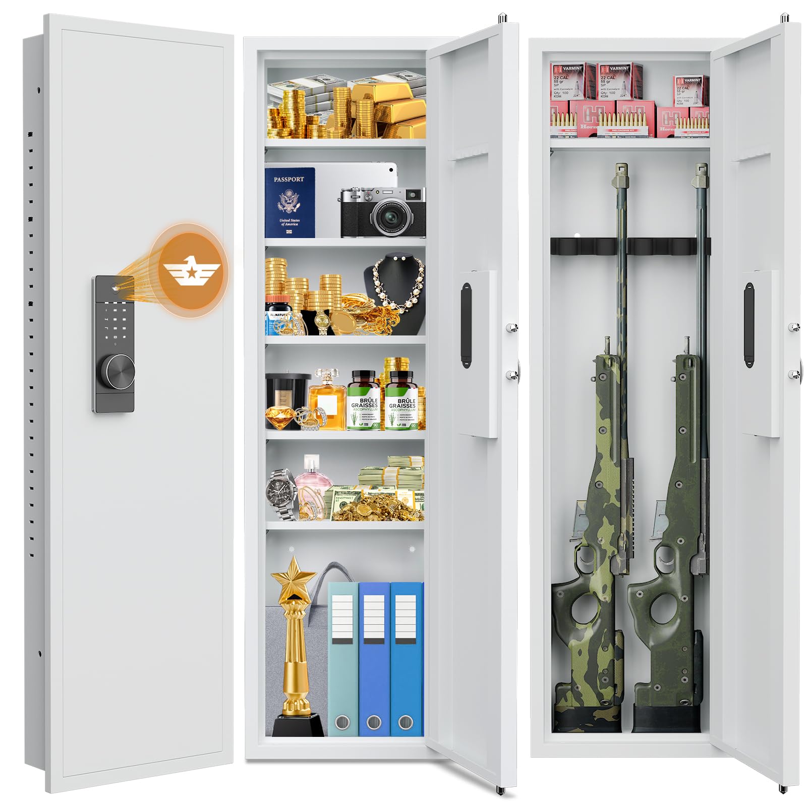 53.15" Wall Safe Between the Studs, Hidden Safe with Dual Alarm System and Silent Mode, Wall Gun Safe with 3 Adjustable Shelves and Magnetic Slot (White-Digital)