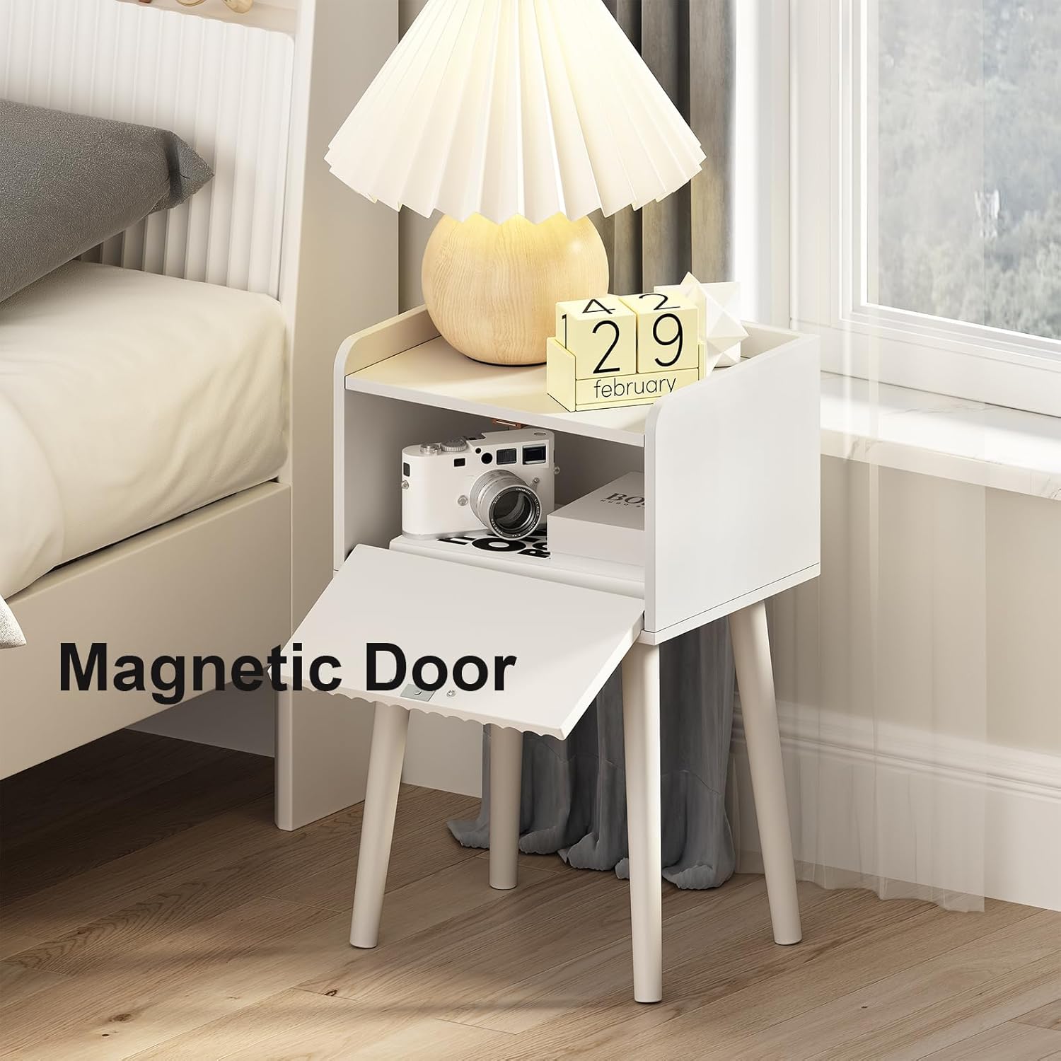 Magnetic fluted door open on nightstand