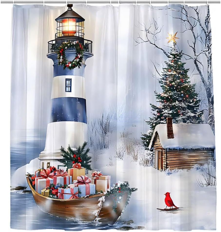 Merry Christmas Lighthouse Shower Curtain Winter Snowscape Boat and Gift Xmas Tree Holiday Fir Pine Red Birds Dreamy Farmhouse Scene Grey Nature Landscape Bathroom Decor Curtains 90x70 inch with Hook
