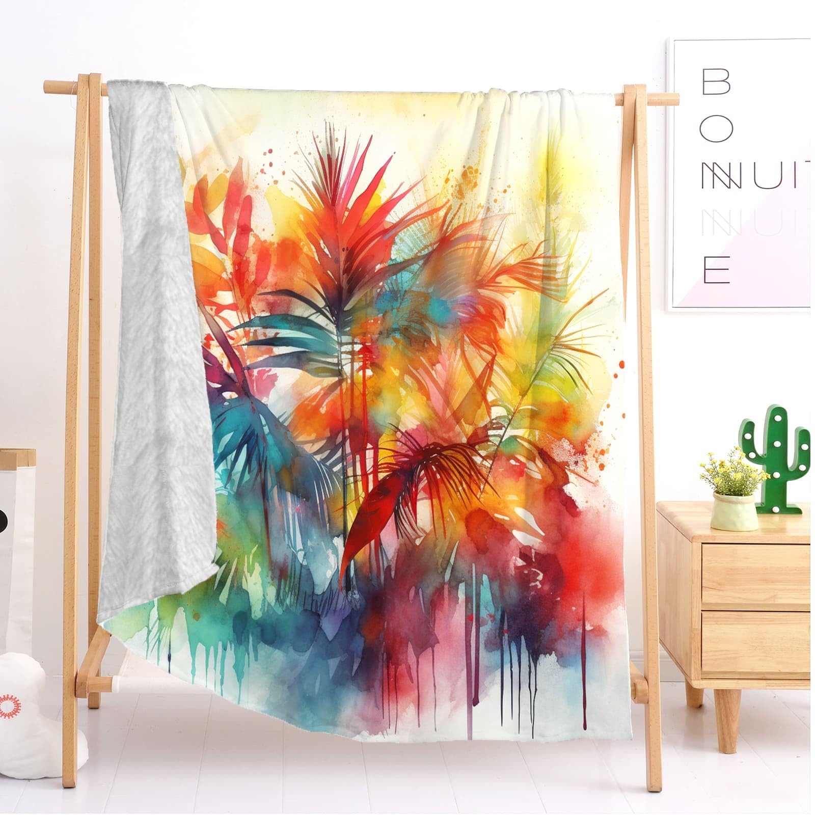 Koc do wtulania się 180 x 200 cm, XXL, akwarelowy, abstrakcyjny, botaniczny, super miękki i zimowy, ciepły koc polarowy na sofę, kanapę, łóżko, kolorowy, przytulny, przyjemny koc do mieszkania, koc na