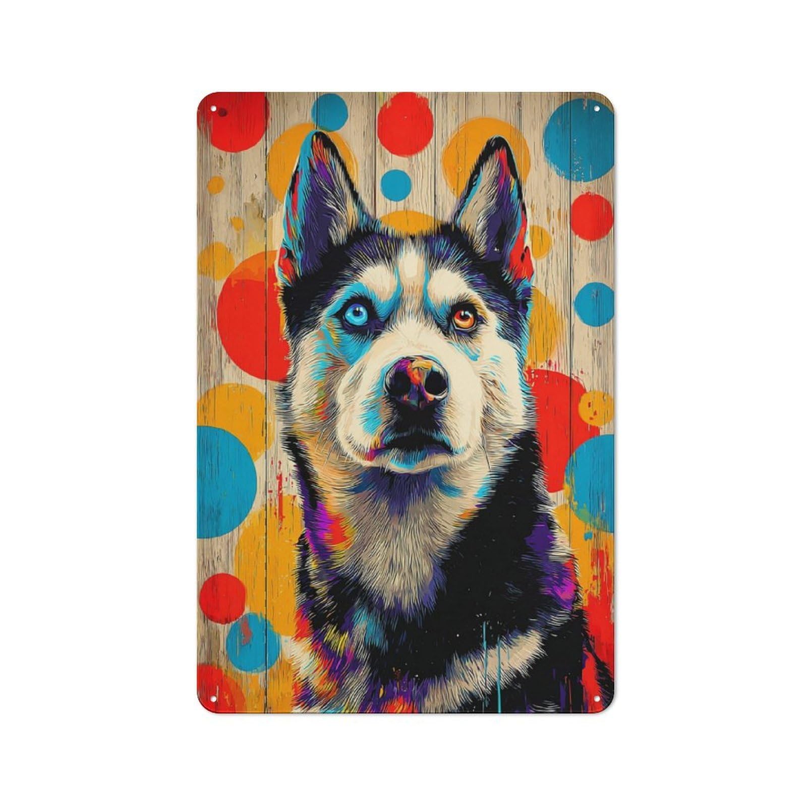 Junmoney Colorful Husky Portrait Artwork -1 Retro Metal Wall Decor 30X20cm, Metal Wall Art Sign For Living Room, Hallway, Kitchen Or Cafe