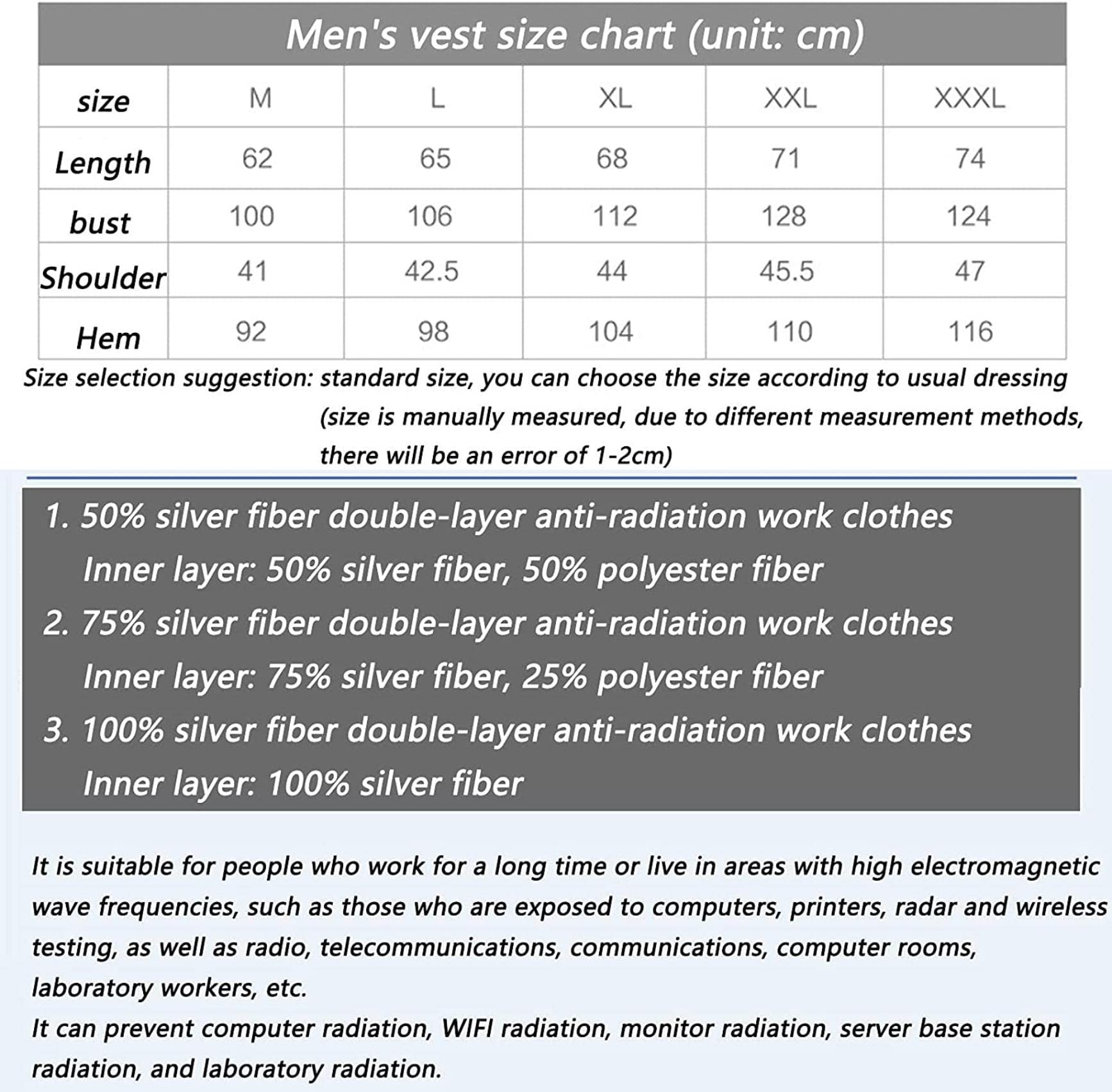AADECOR Combinaison de radioprotection, Protection des rayonnements électromagnétiques Outils de Travail Vêtements Vêtements Vest Professional Wear Vêtements de Blindage EMF, Fiber Silver, XXL