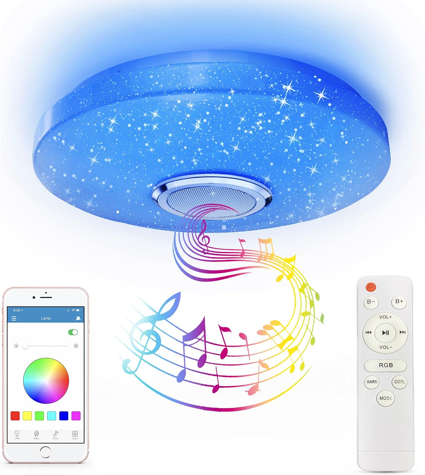 RGB LED Ceiling Light with Bluetooth Speaker 36W, High Sound Quality,Cool/Warm White Colour Changing lamp with Remote Control and App,Waterproof Lamp for Bedroom Bathroom Ø30cm
