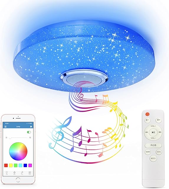 RGB LED Ceiling Light with Bluetooth Speaker 36W, High Sound Quality Speaker,Cool/Warm White Colour Changing Ceiling lamp with Remote Control and App,Waterproof Ceiling Lamp for Bedroom Bathroom Ø30cm
