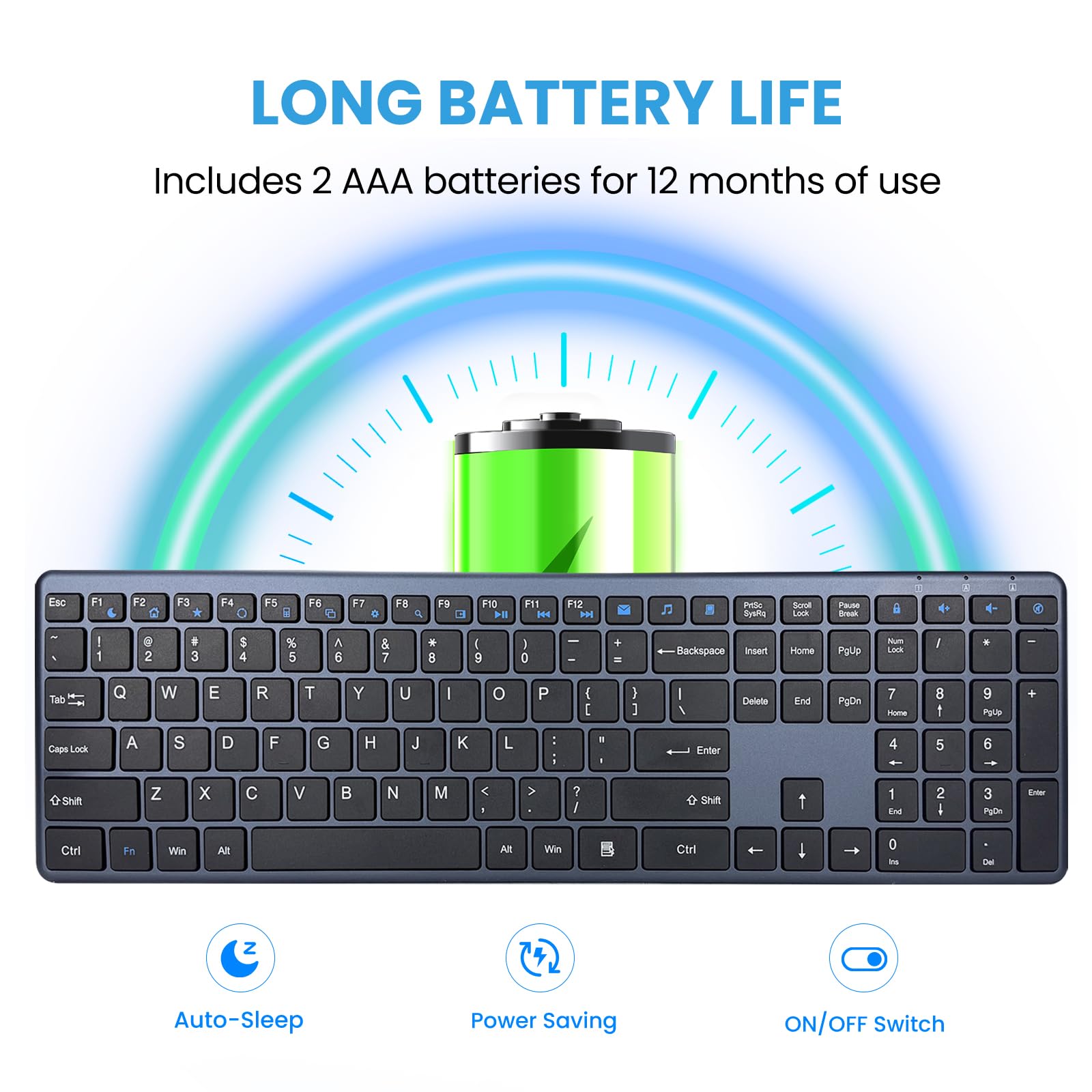 Tastiera wireless 2,4 G ultra sottile e silenziosa, tastiera USB per PC, 19 tasti multimediali, tastierino numerico, plug & play, Ergo senza ritardi, lunga durata della batteria per desktop, laptop