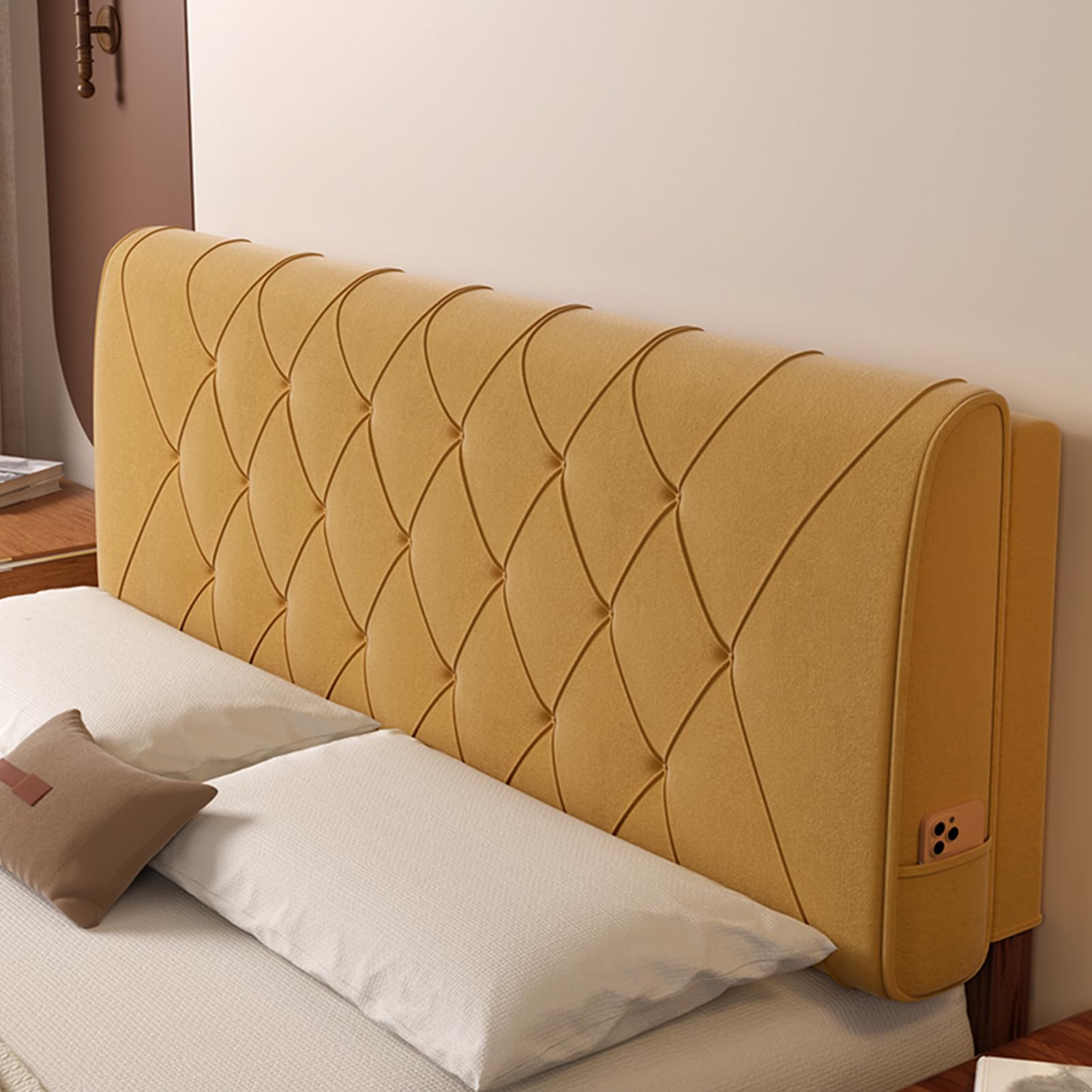Cabecero rectangular con cojín grande de apoyo para pared, color sólido, tapizado, respaldo de dormitorio, funda extraíble, color amarillo, 59 x 23 x 4 pulgadas