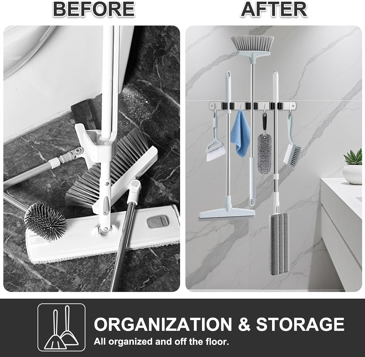HANZENMA Broom Holder Wall Mount, Broom Organizer Wall Mount Stainless Steel Broom and Mop Hanger Heavy Duty Storage Organization for Home Kitchen Garden Garage Room 3 Racks 4 Hooks Black image 3