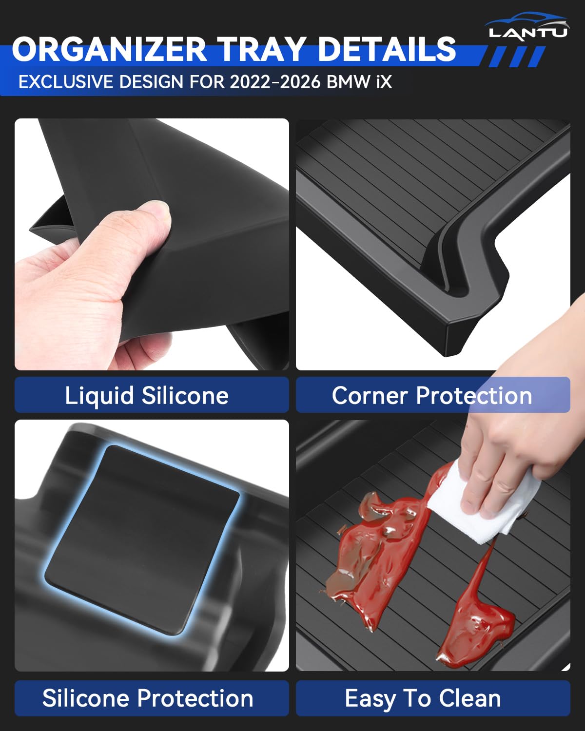 Mittelkonsole Organizer Tray für BMW iX 2022-2025 Aufbewahrungsbox mit Anti-Slip Flüssiges Silikon BMW iX Zubehör Patented Design (Obere)