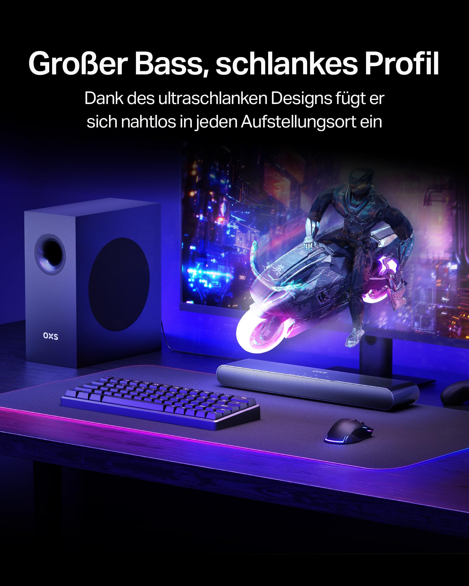 OXS S21 2.1-Kanal Soundbar mit Subwoofer, Präzisionssound mit tiefen Bässen, 180 W Leistung, 3 EQ-Modi, für Heimkino/Musik/Spiel, für TV, PC, Xbox, PS4/5, Telefon, Ultrakompakt, Einfache Einrichtung