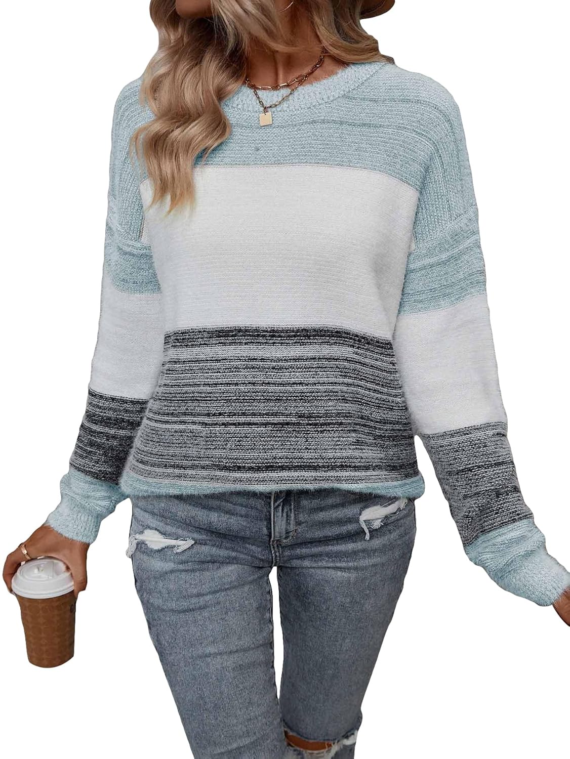 WDIRARA Womens Colorblock Sweater Drop Shoulder Long Sleeve Round Neck Pullovers