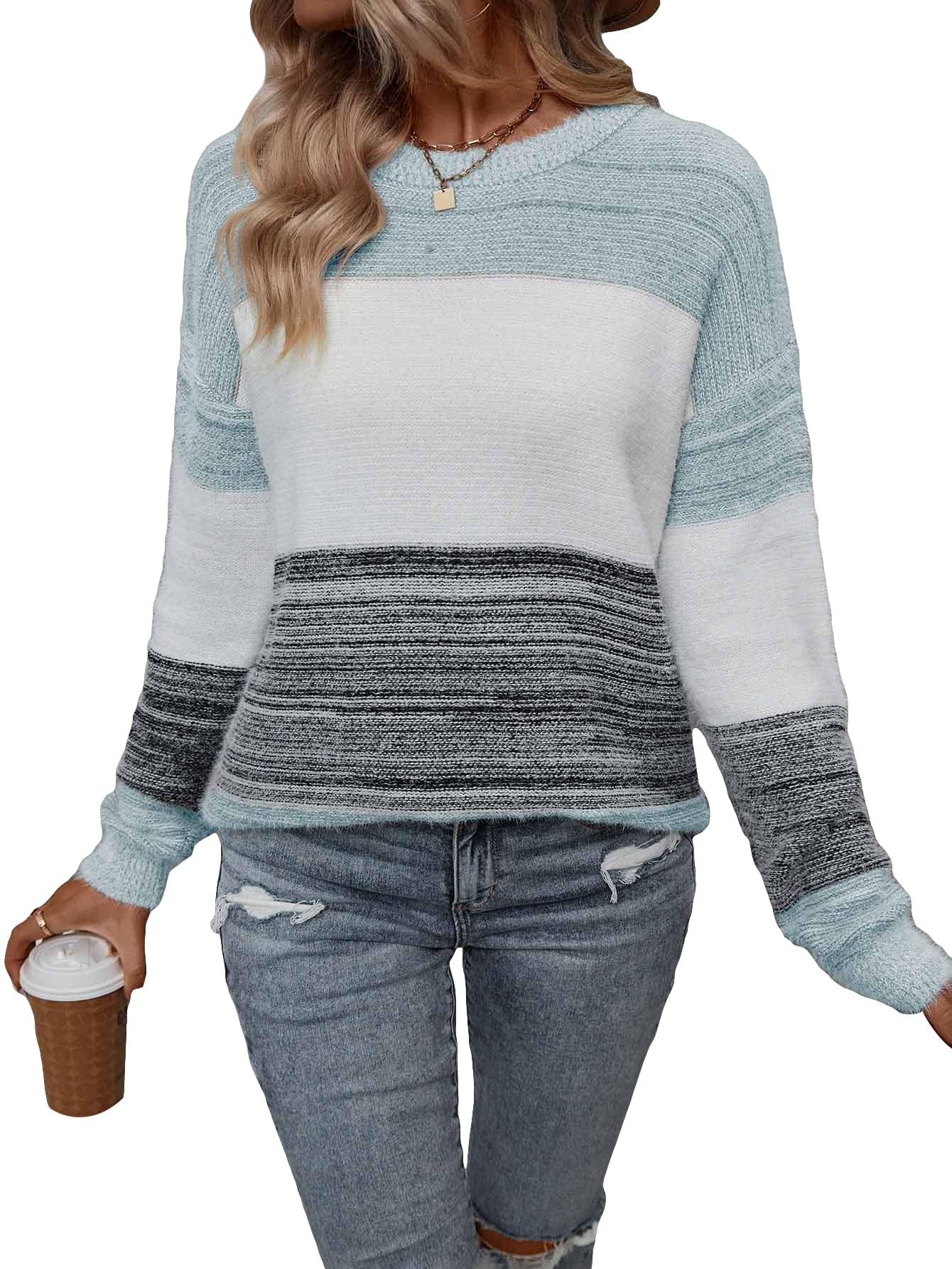 WDIRARA Womens Colorblock Sweater Drop Shoulder Long Sleeve Round Neck Pullovers