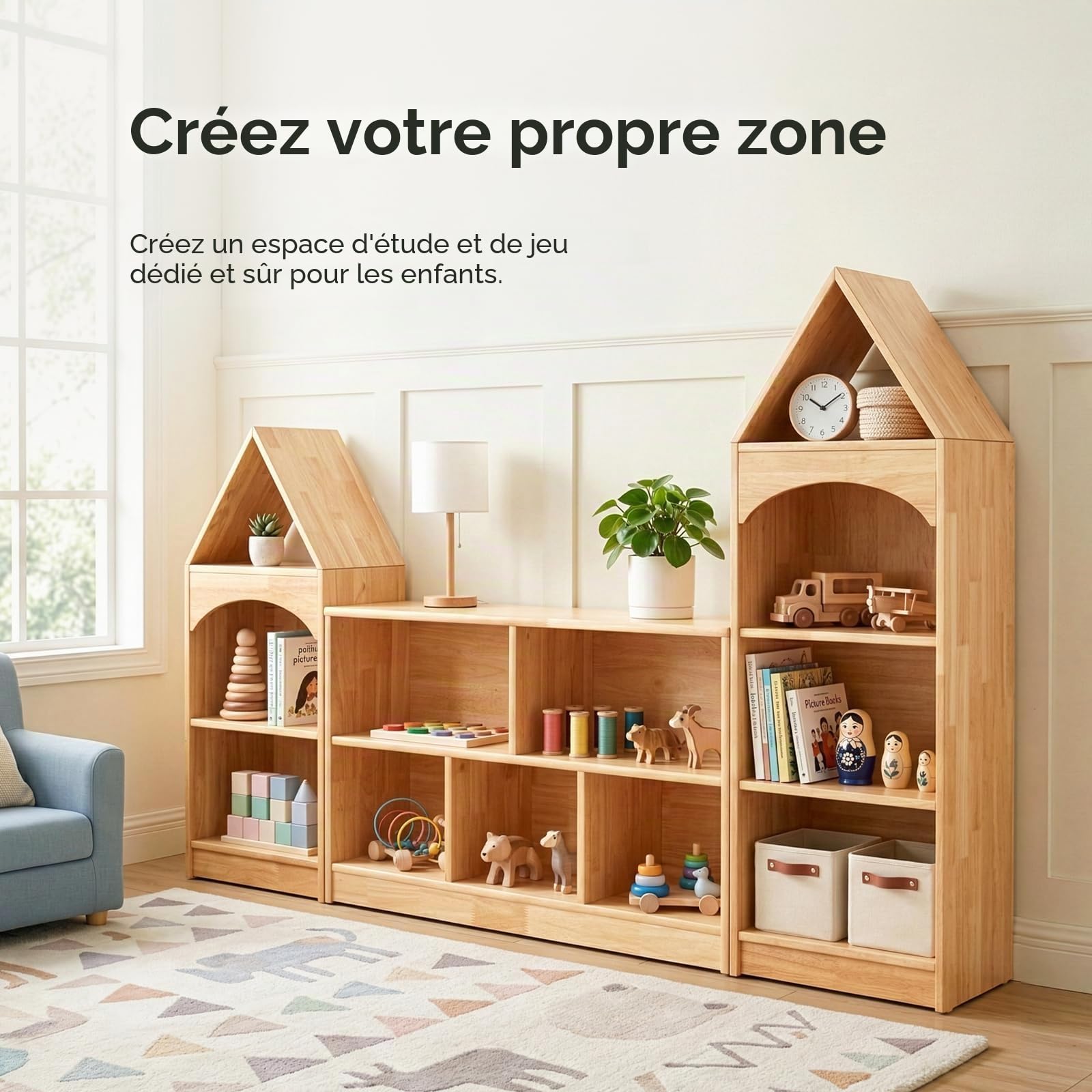 OOOK Étagère-Montessori 5 Cases Bois d'hévéa 110cm (43,3'') - 2 systèmes Rangement & Stockage - Armoire en Bois pour Chambre d'enfant, Salle de Jeux, garderie, Classe & Maternelle