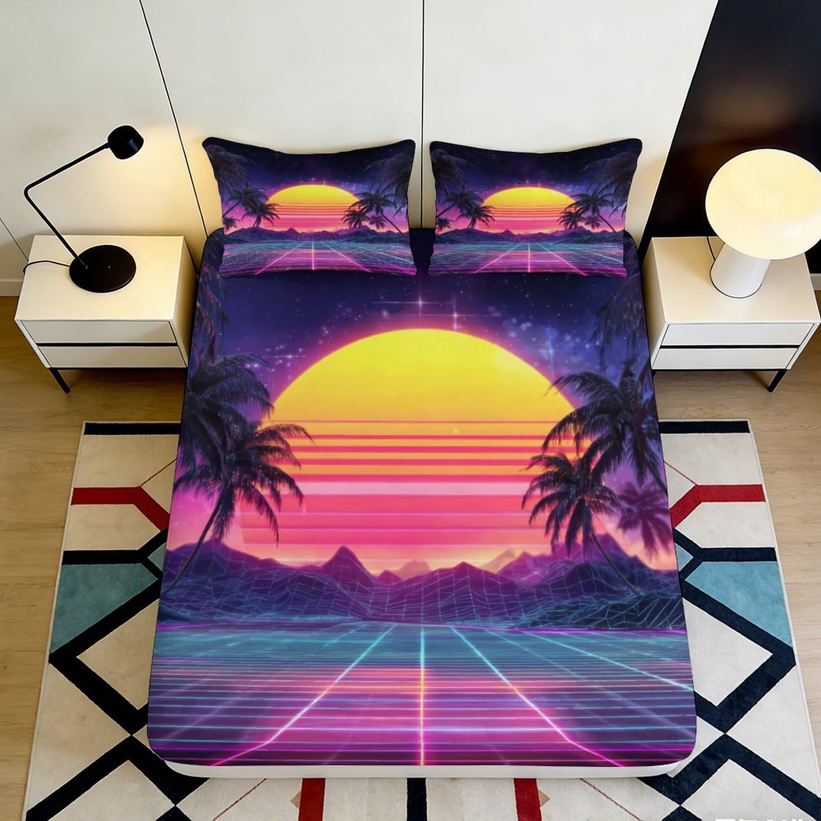 3D Printed Sunset Palm Fitted Sheet Microfiber Soft Vibrant Retro Sun Mattress Cover Bedroom Decor 90x200x25cm
