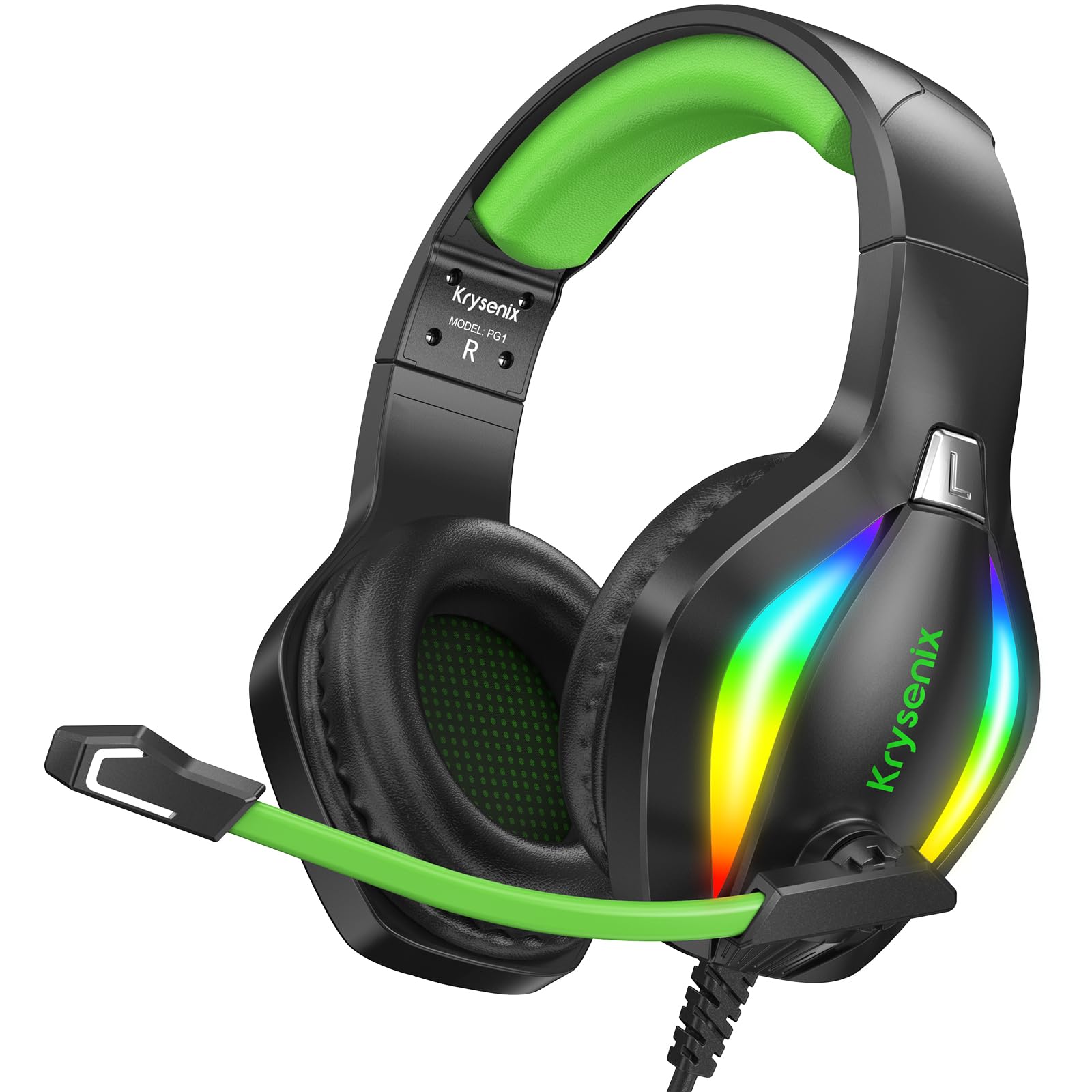 Krysenix PG1 RGB Gaming Headset for PS4, PS5, PC, Nintendo Switch, Xbox One, Headset with Microphone, Gaming Headphones with Microphone, Noise Cancelling Headphones with 3.5 mm Jack, Black/Green