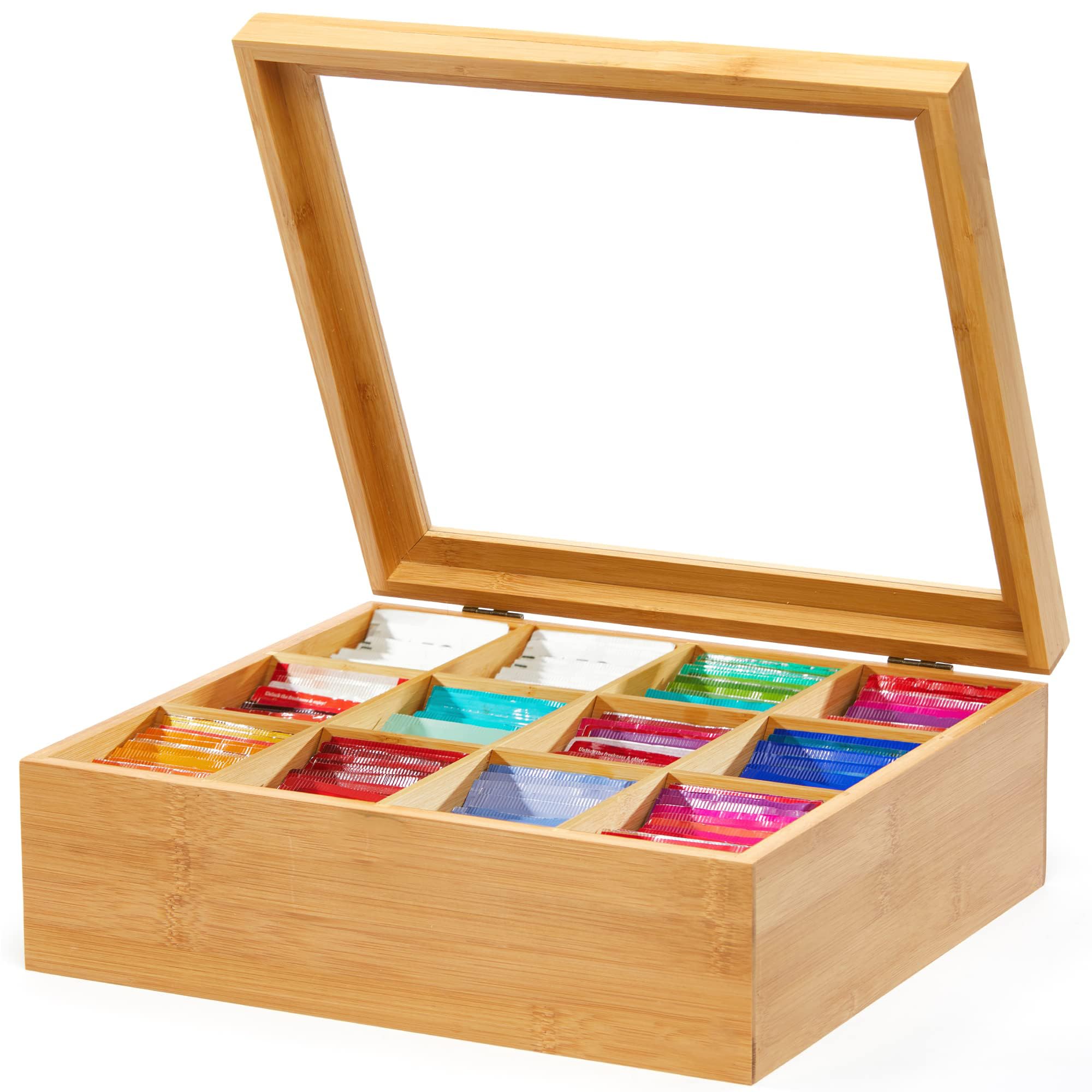 Cobenga Wooden Tea Storage Box, 12 Compartment Wooden Tea Box with Clear Lid & Clasp Lock, Natural Bamboo Tea Organizer for Kitchen Countertops, Cabinets, Pantry Bistro, Coffee, Snacks Storage