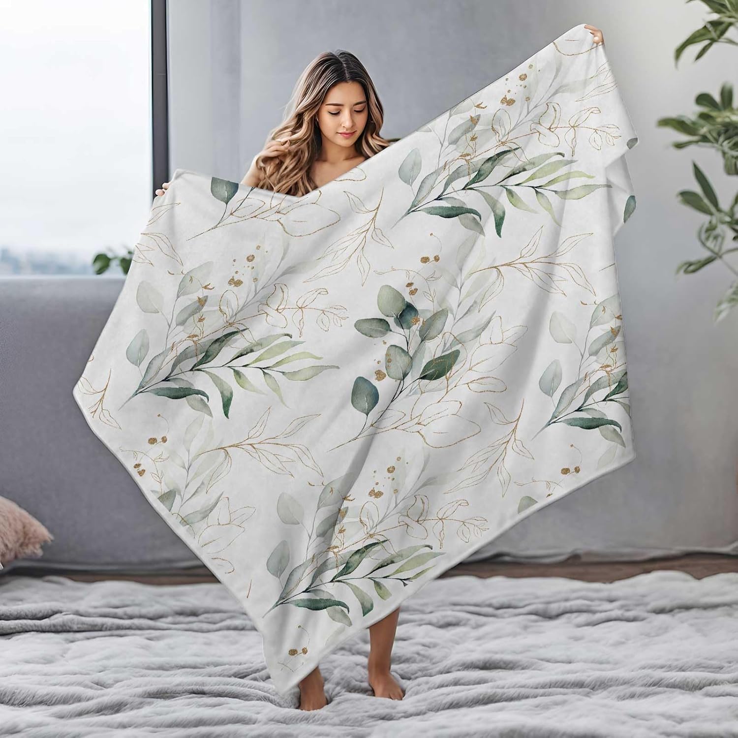 Eucalyptus Leaf Blanket, Botanical Plants Throw Blanket, Soft, Flannel, Warm, Watercolor Floral Throw Blankets Green Botanical Floral Aesthetic Bed Blankets for Couch Bedroom Living Room 50X60 Inch