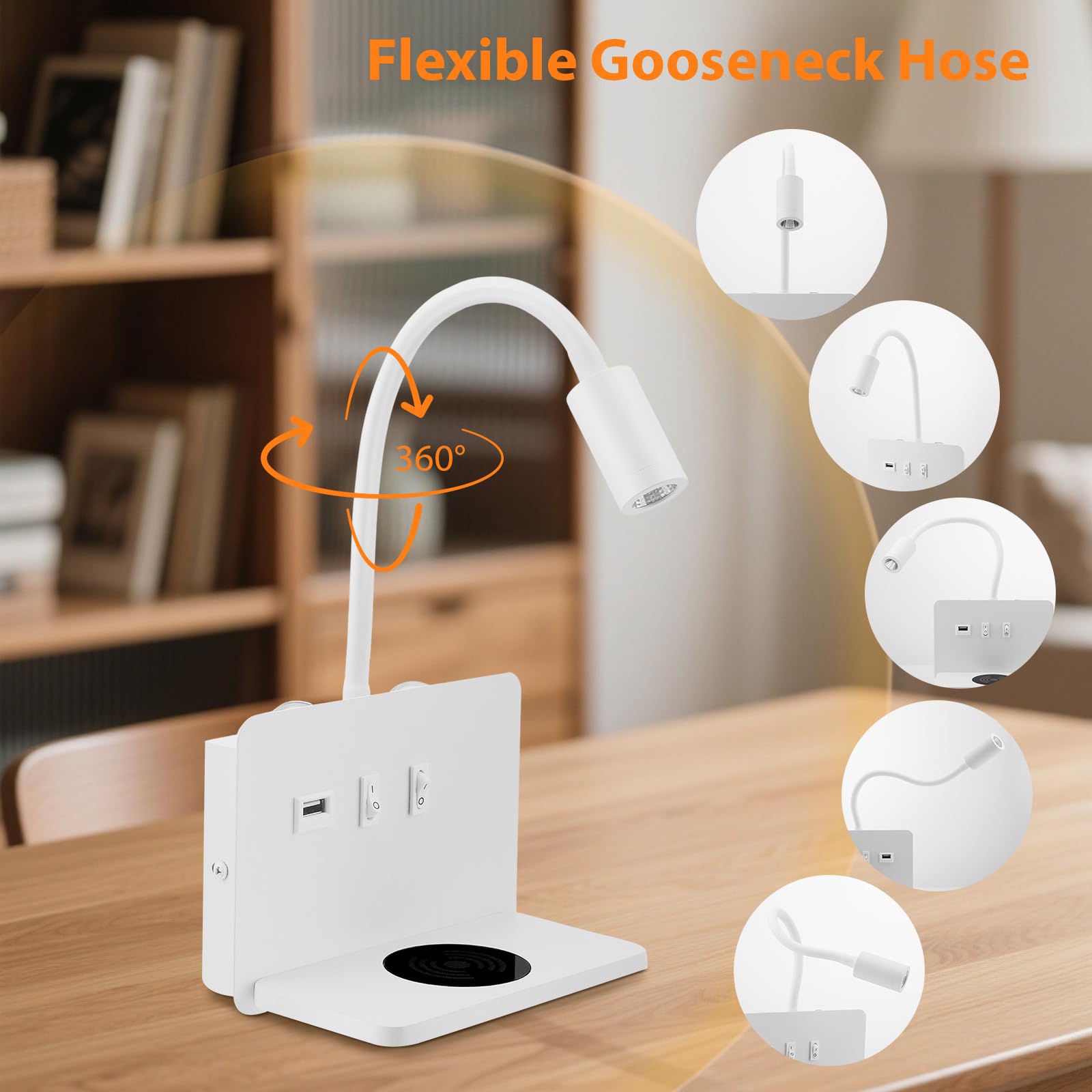 Leselampe Wandmontage mit USB 3 IN 1, 3W+10W Leselampe Bett mit Schalter und Wireless Charger, LED Wandleuchte Bett Leselicht 360° Schwenkbar Schwanenhals Lampe mit für Schlafzimmer(2PCS)