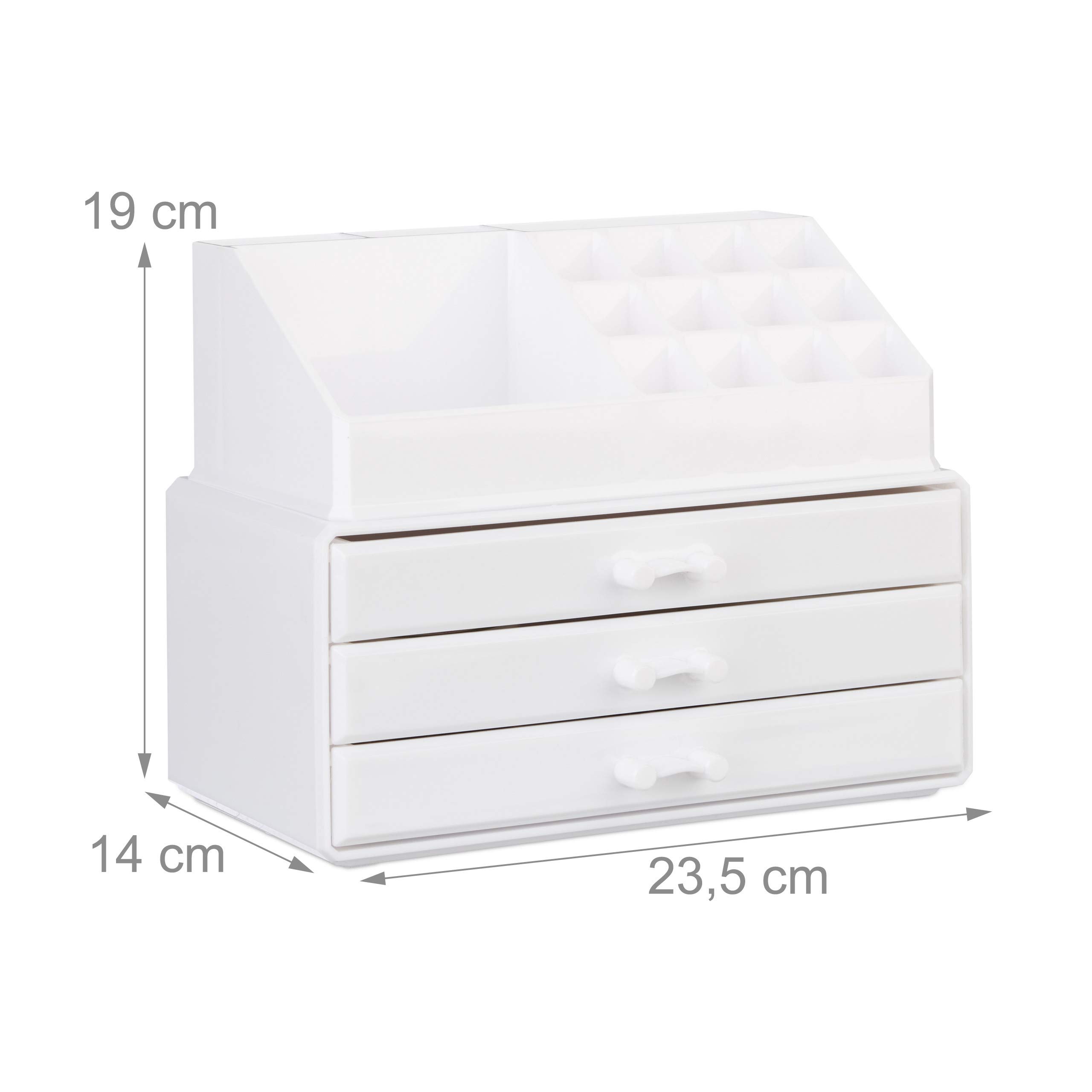Relaxdays akrylowy organizer na kosmetyki, 2-częściowa szkatułka, na make up i biżuterię, 3 szufladki, kolor biały