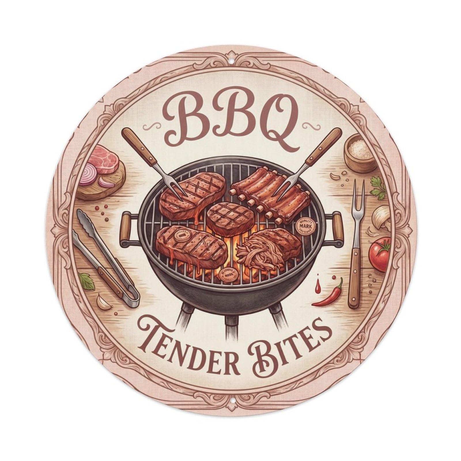 BBQ Barbecue Tender Bites Vintage Metal Tin Sign Plaque Wall Decor for Cafe, Club, Garden Round Metal Poster 8x8Inch