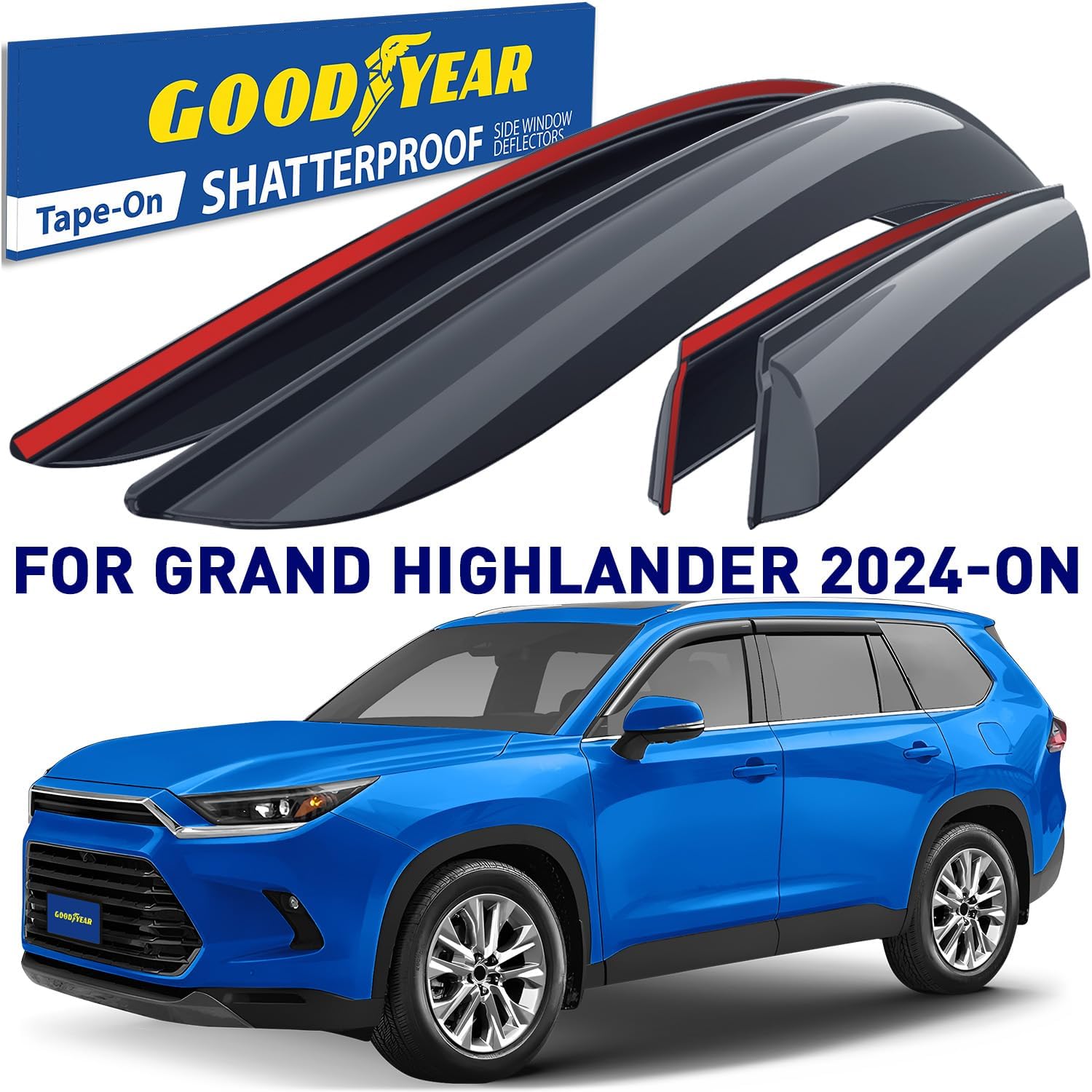 Goodyear Shatterproof Window Deflectors for Toyota Grand Highlander 2024-2026, Tape-on Rain Guards, Window Visors, Vent Deflector Visor, Car Accessories, 4 pcs. - GY008817