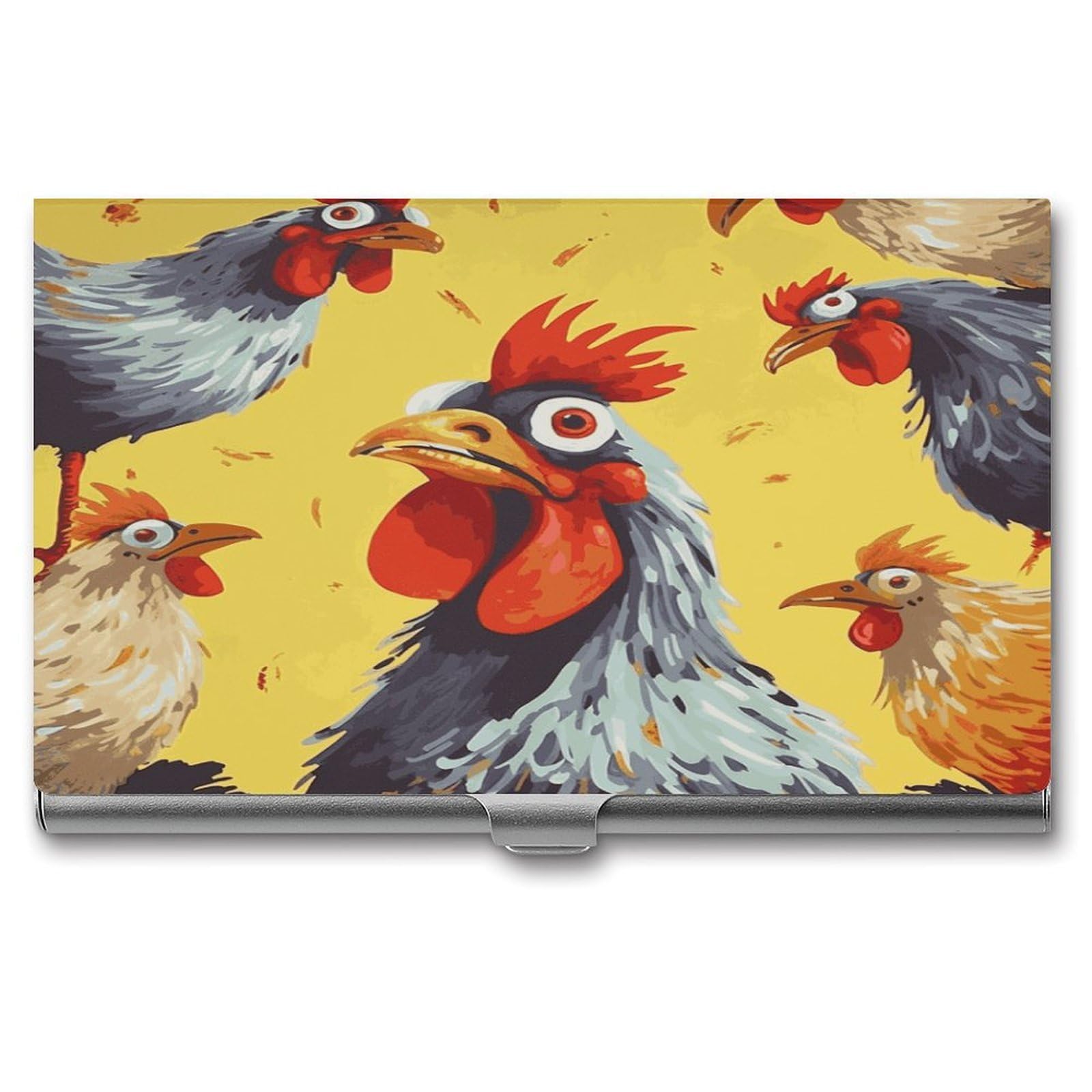Vstadank Unisex Style Art Chicken Painting Business Card Holder Slim Name Cards Holder Aluminum Alloy Flip Cover Credit Cards Wallet Pocket Metal Case Professional Metal Business Card Case For Work