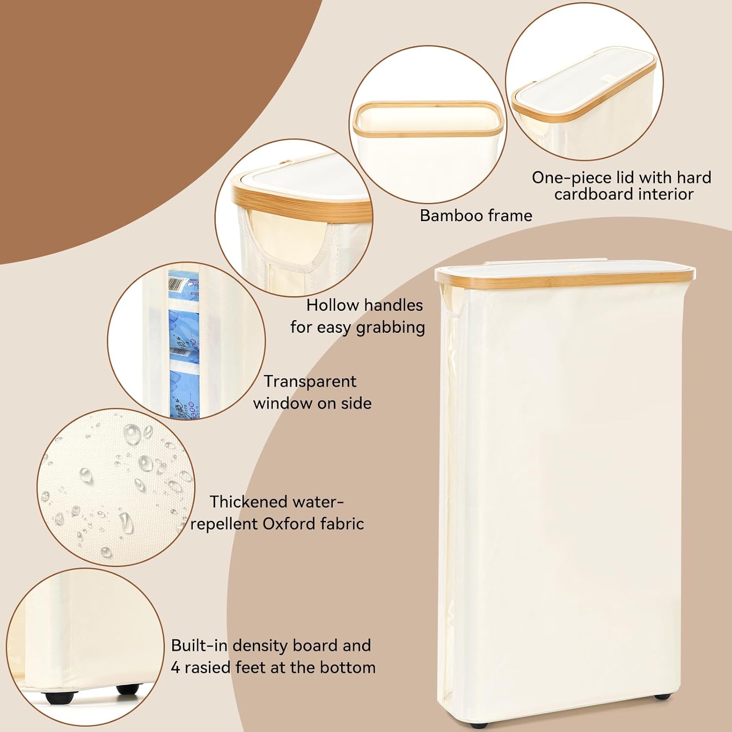 GARPROVM Toilet Paper Storage Basket with Lid, Slim Free Standing Toilet Roll Storage Holder Stand with See Through Window, Holds up to 20 Regular Rolls or 12 Mega Rolls Bathroom Organizer, Beige