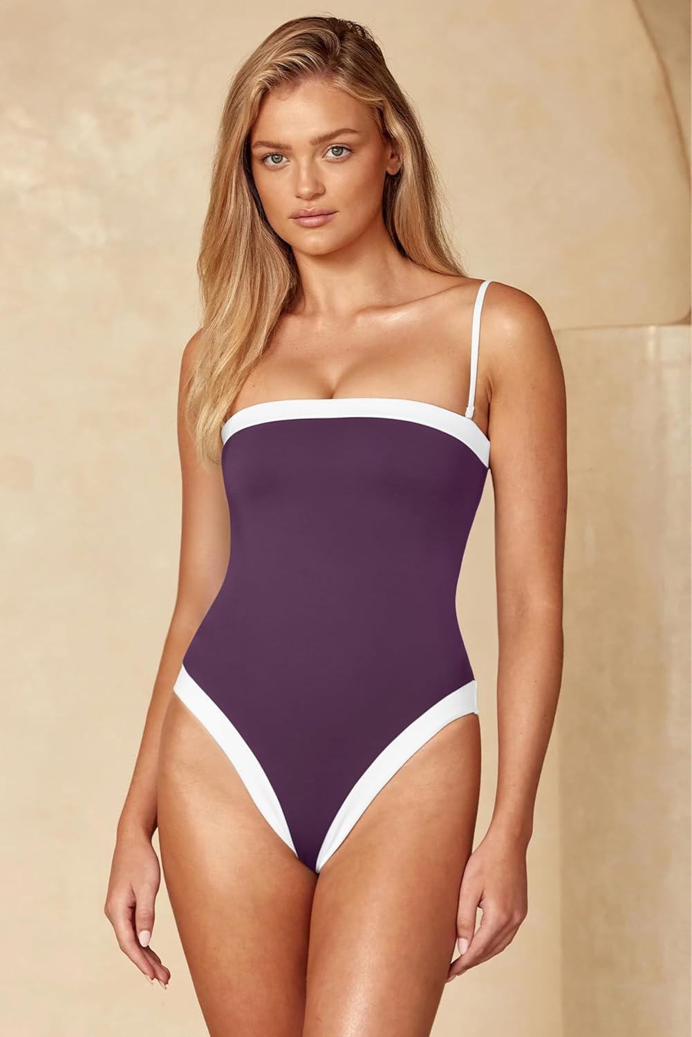 LASLULU Womens Sexy One Piece Swimsuit Strapless Padded Square Neck Bandeau Bathing Suits with Adjustable Spaghetti Straps