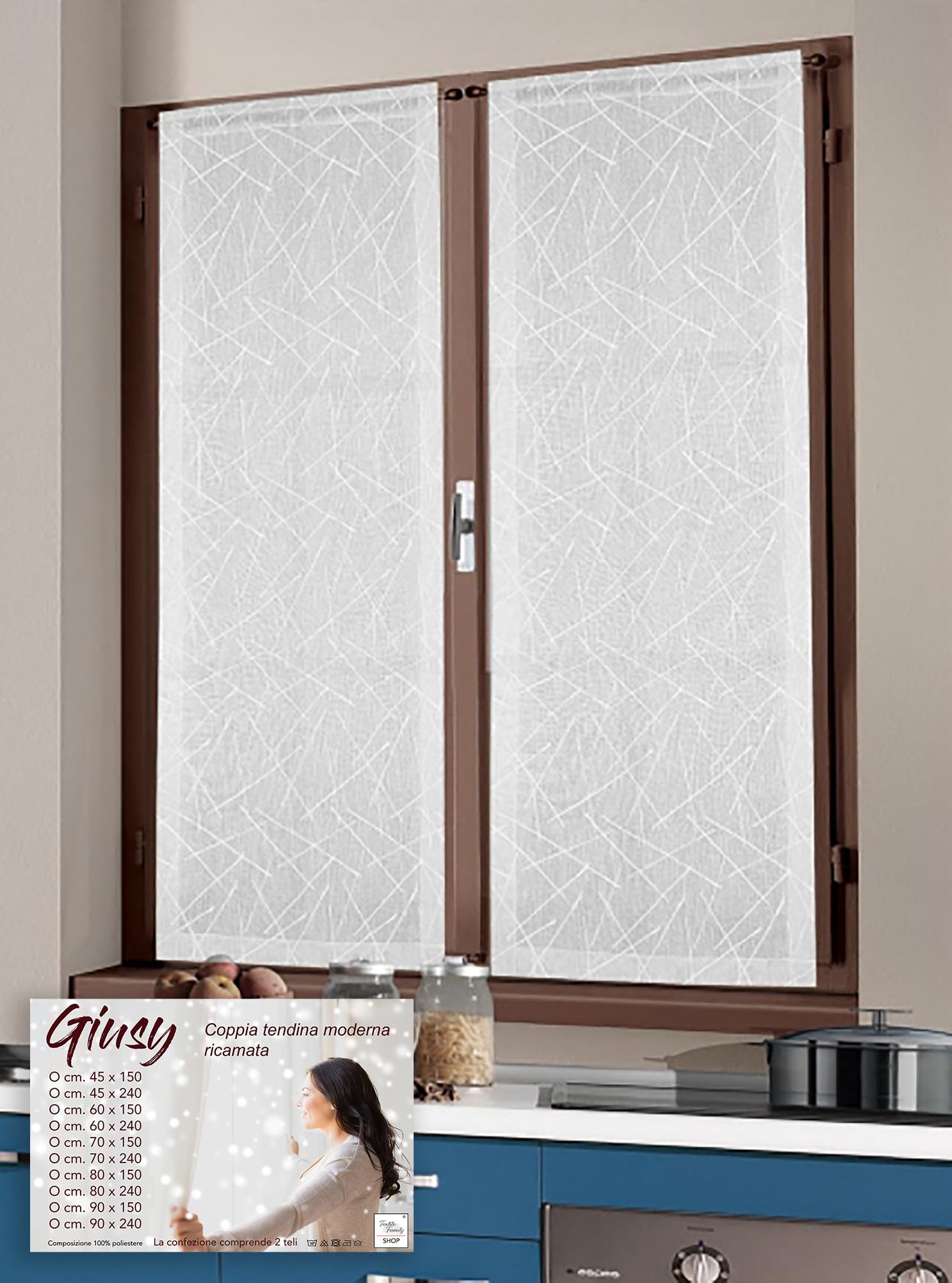Tex family Tendina Giusy Bianco - Coppia Tende Vetro Moderne Semitrasparenti Effetto Bouclè in Poliestere - COPPIA (2 TELI) CM. 70X240