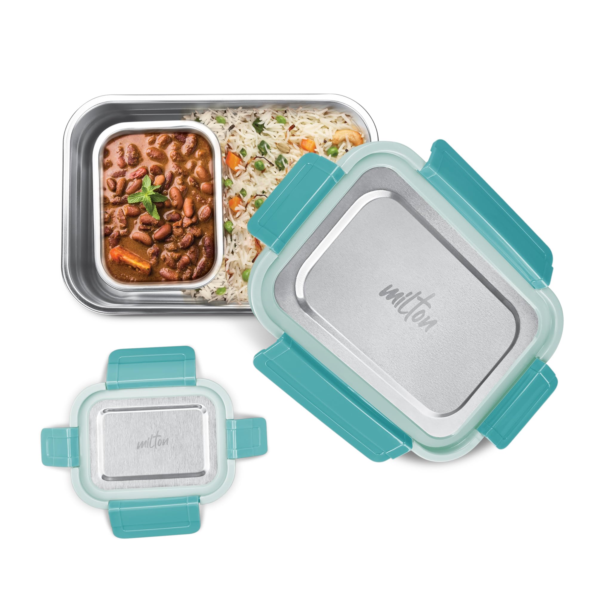 MILTON Home Meal Jr. Stainless Steel Airtight Leak-Proof Lunch Box, Snacks Tiffin for Kids, Light Weight, Easy to Clean, for Office, School, Picnic & Travelling, Set of 2 (770 ml, 180 ml), Aqua Green