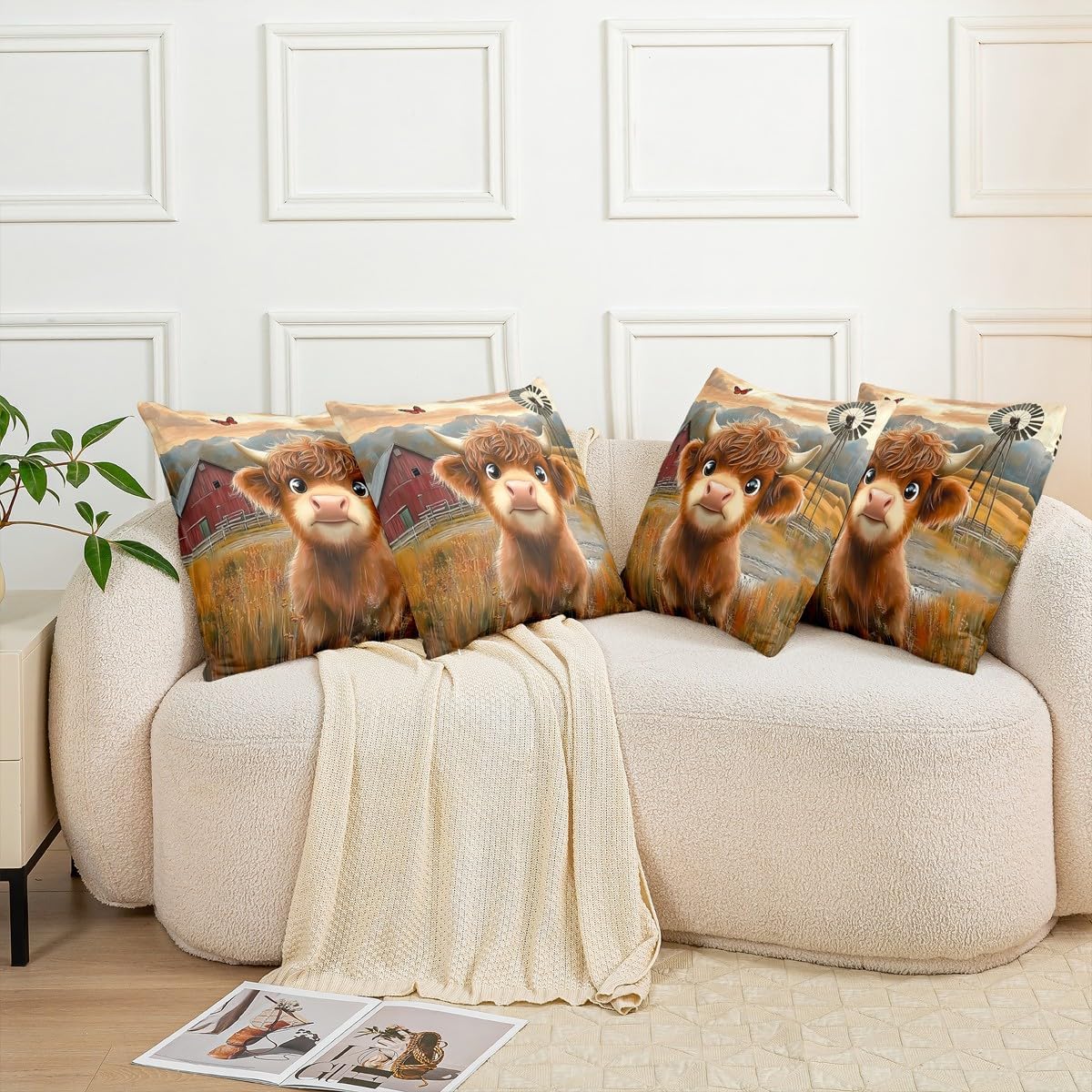 Erosebridal Pack of 2 Farmhouse Cow Pillow Covers for Sofa Couch Bed Barn & Windmill Throw Pillow Covers Cartoon Farm Animal Cushion Cases,24x24 Inch