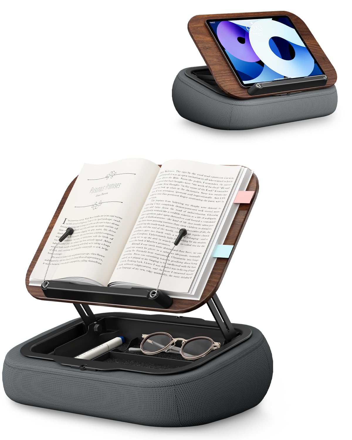 SupeDesk Supporto per libri da leggere, regolabile, per letto, divano, scrivania, morbido cuscino da lettura con clip laterale e spazio di archiviazione, pieghevole, a mani libere, essenziale per gli
