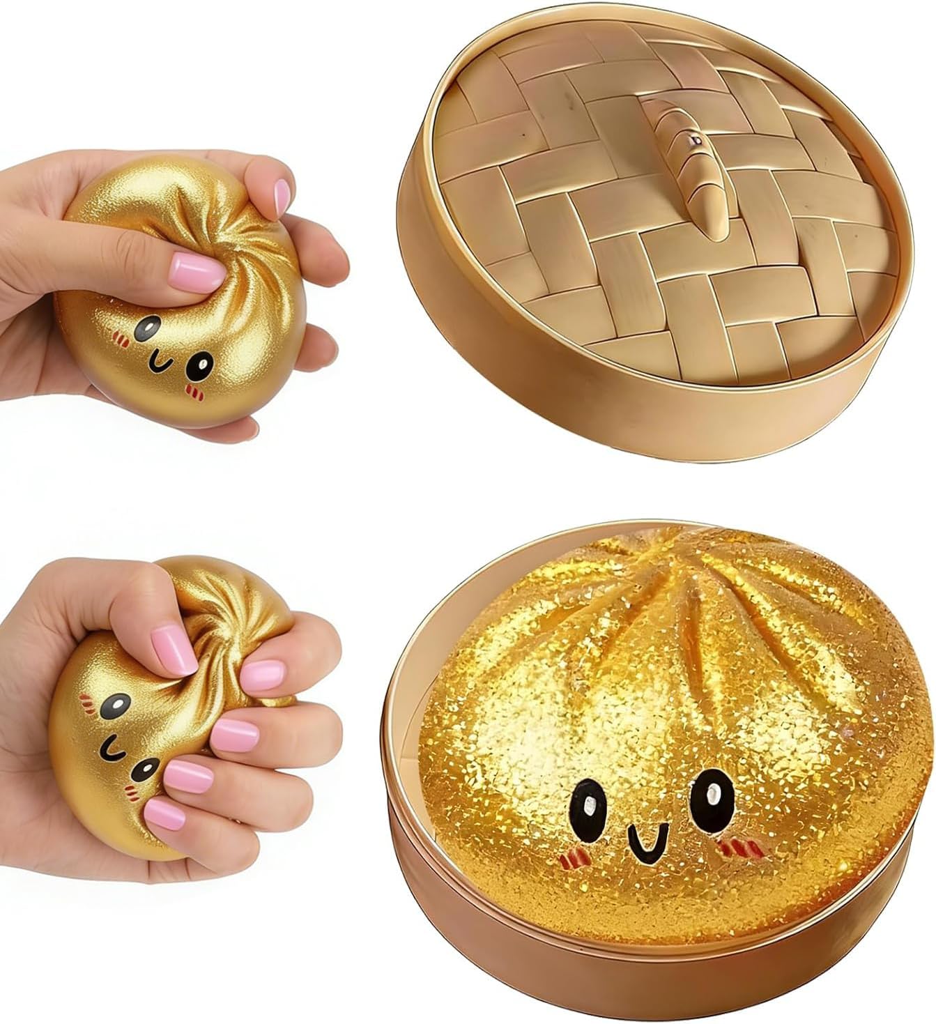Dumpling Squishy, Colorful Dumpling Squishes Stress Balls with Steamer, Easter Gifts, Soft Squeeze Decompression Dough for Adults (Gold)