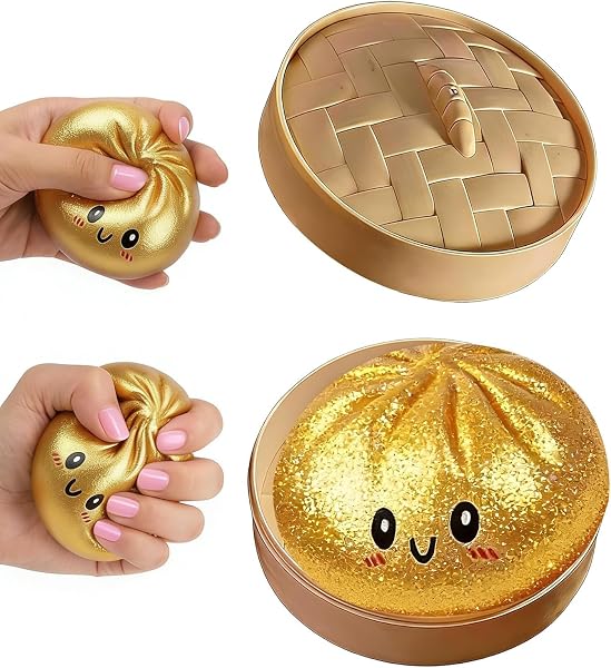Glitter Dumpling Squishy, Colorful Dumpling Squishes Stress Balls with Steamer, Easter Gifts, Soft Squeeze Decompression Dough for Adults (Gold with Glitter) - 1